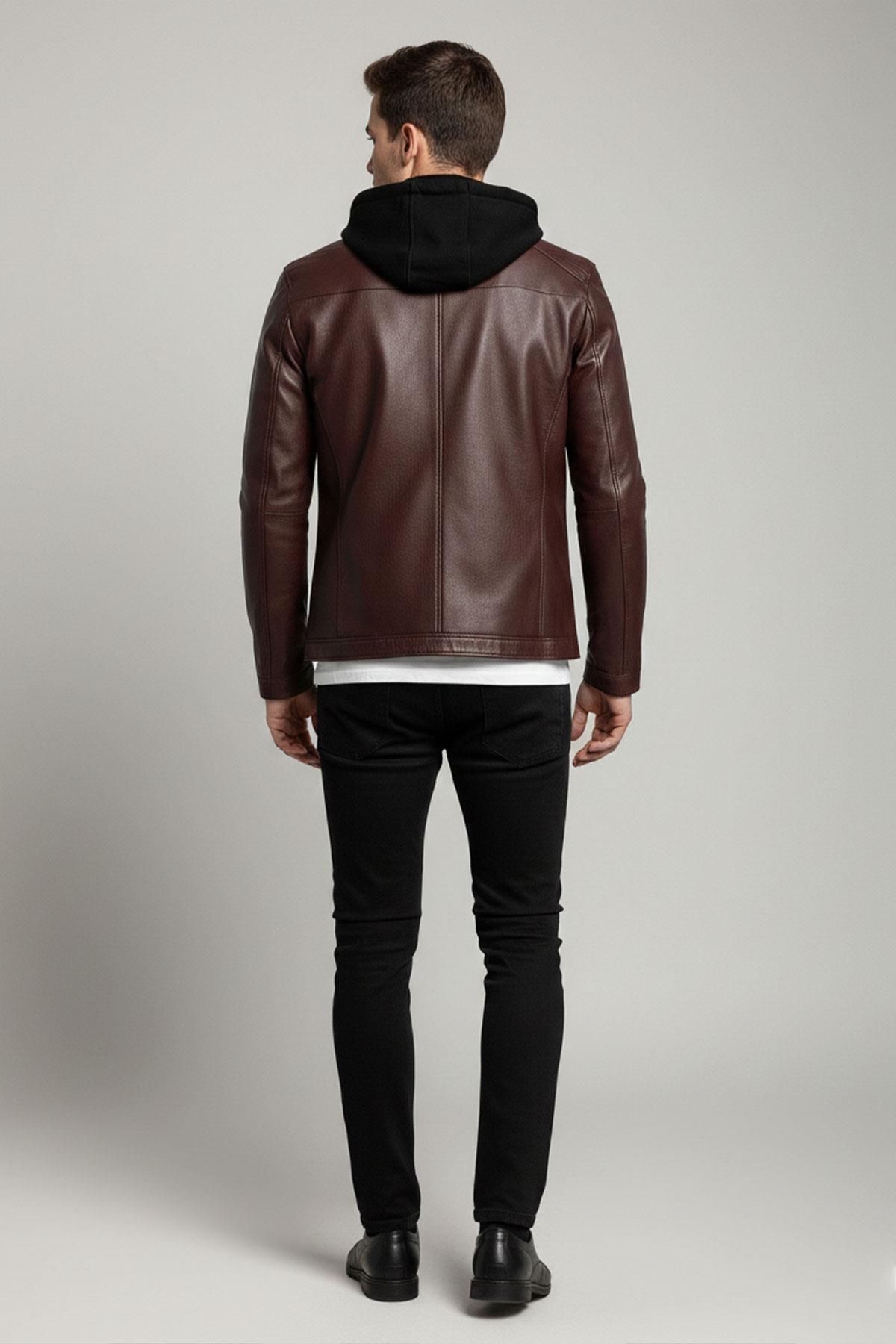 Alfa Bordo Kapüşonlu Hakiki Deri Erkek Mont