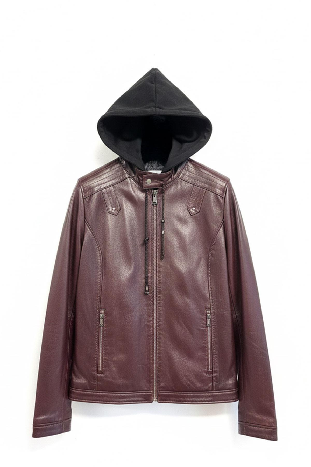 Alfa Bordo Kapüşonlu Hakiki Deri Erkek Ceket 