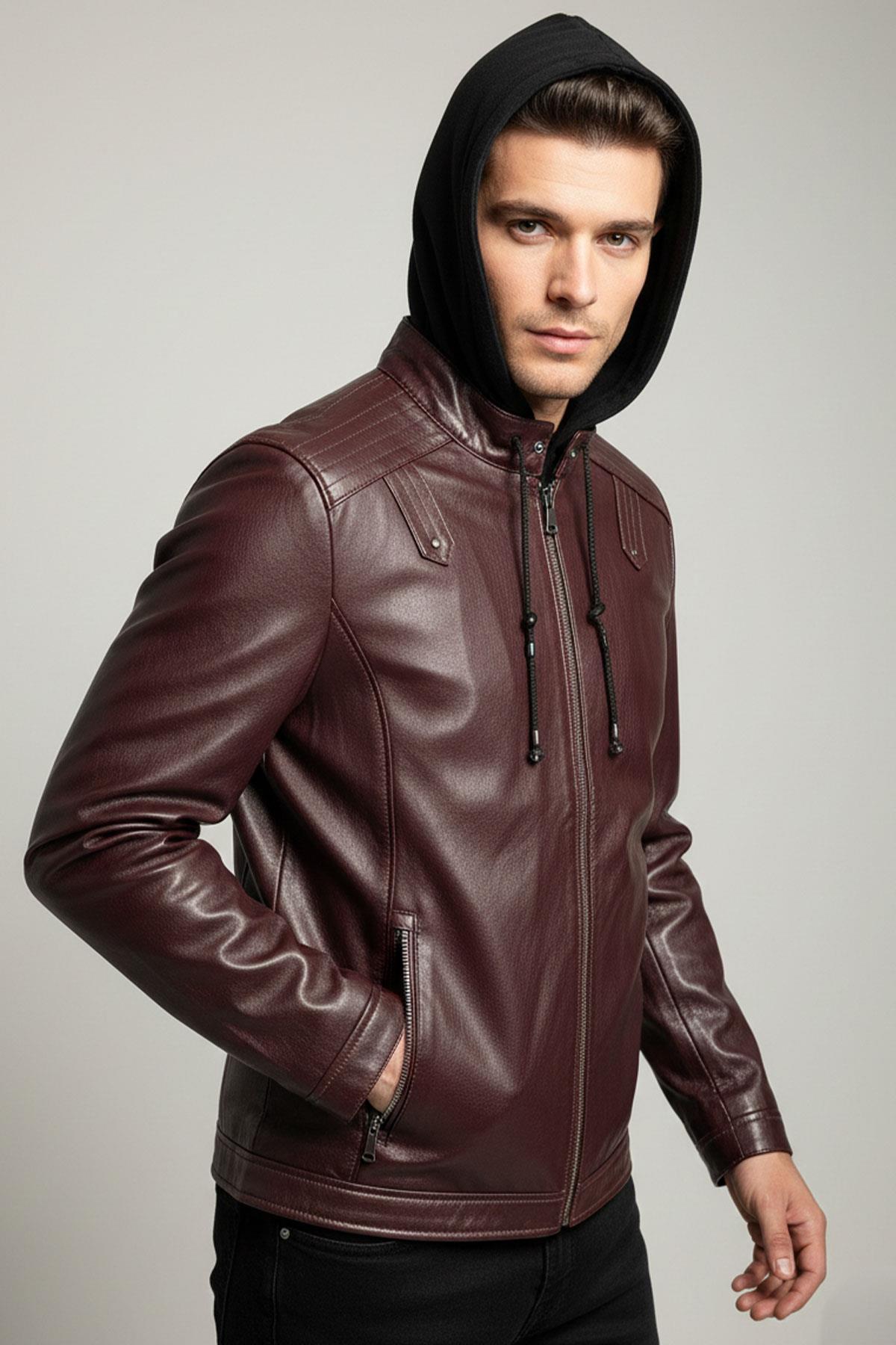 Alfa Bordo Kapüşonlu Hakiki Deri Erkek Mont