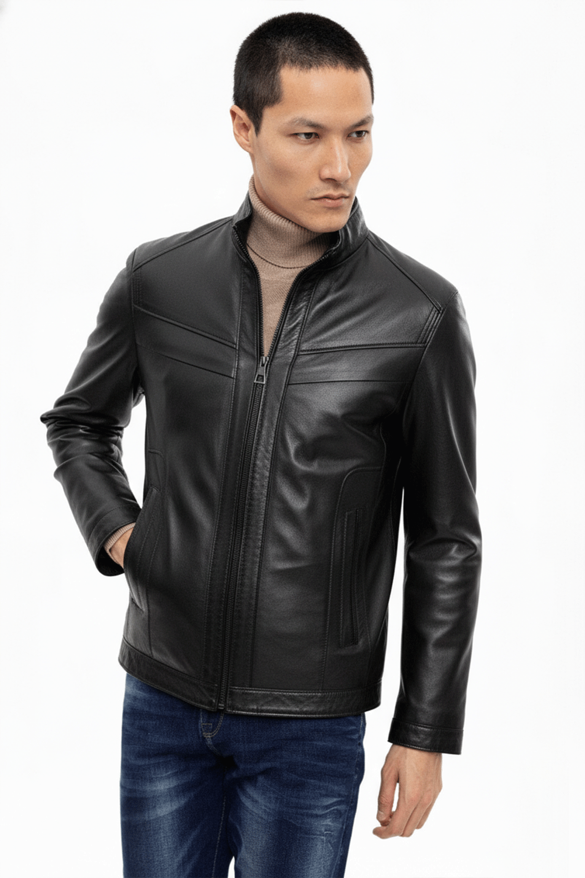 Alvin Siyah Hakim Yaka Fermuarlı Astarlı Kısa Erkek Hakiki Deri Mont