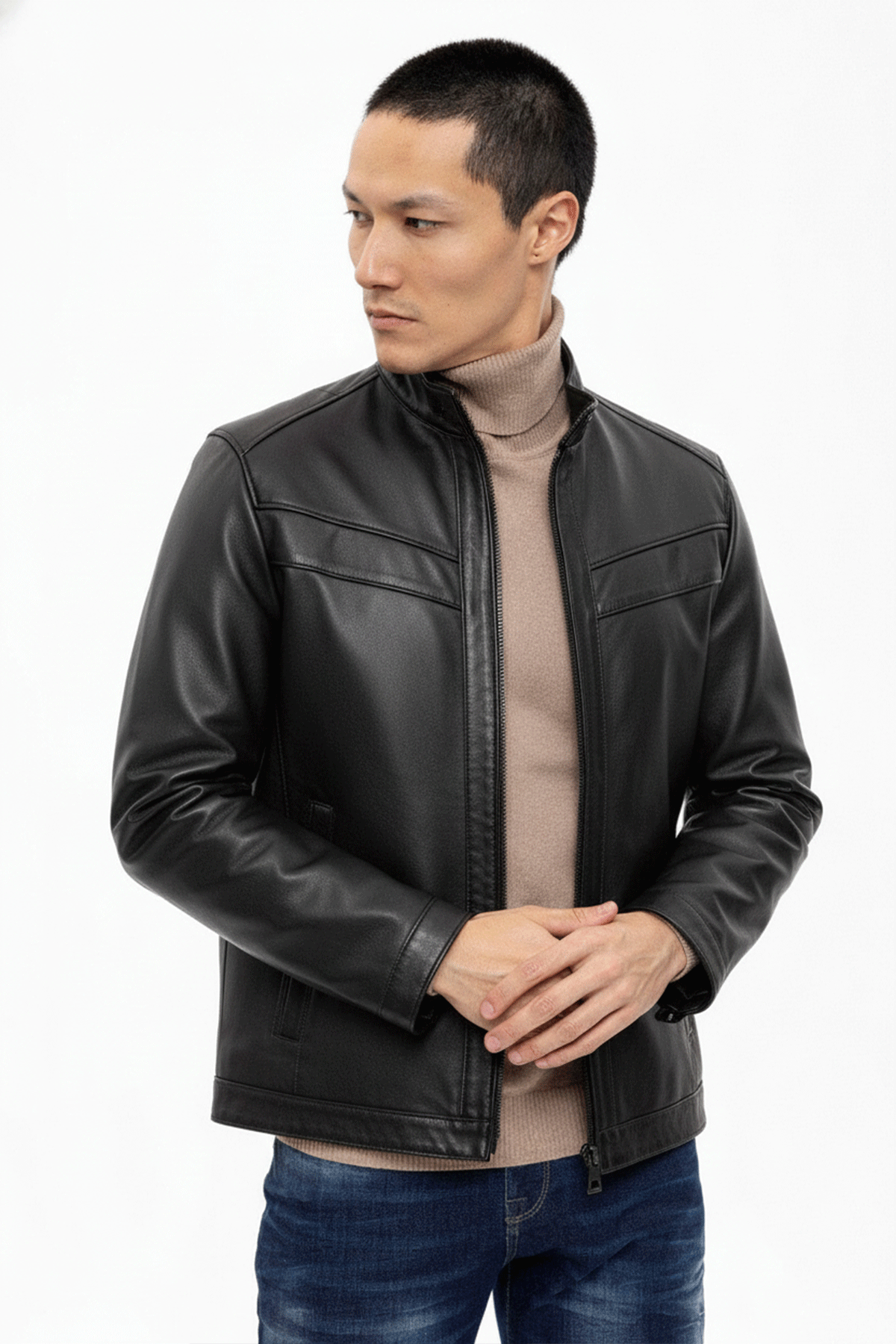 Alvin Siyah Hakim Yaka Fermuarlı Astarlı Kısa Erkek Hakiki Deri Mont