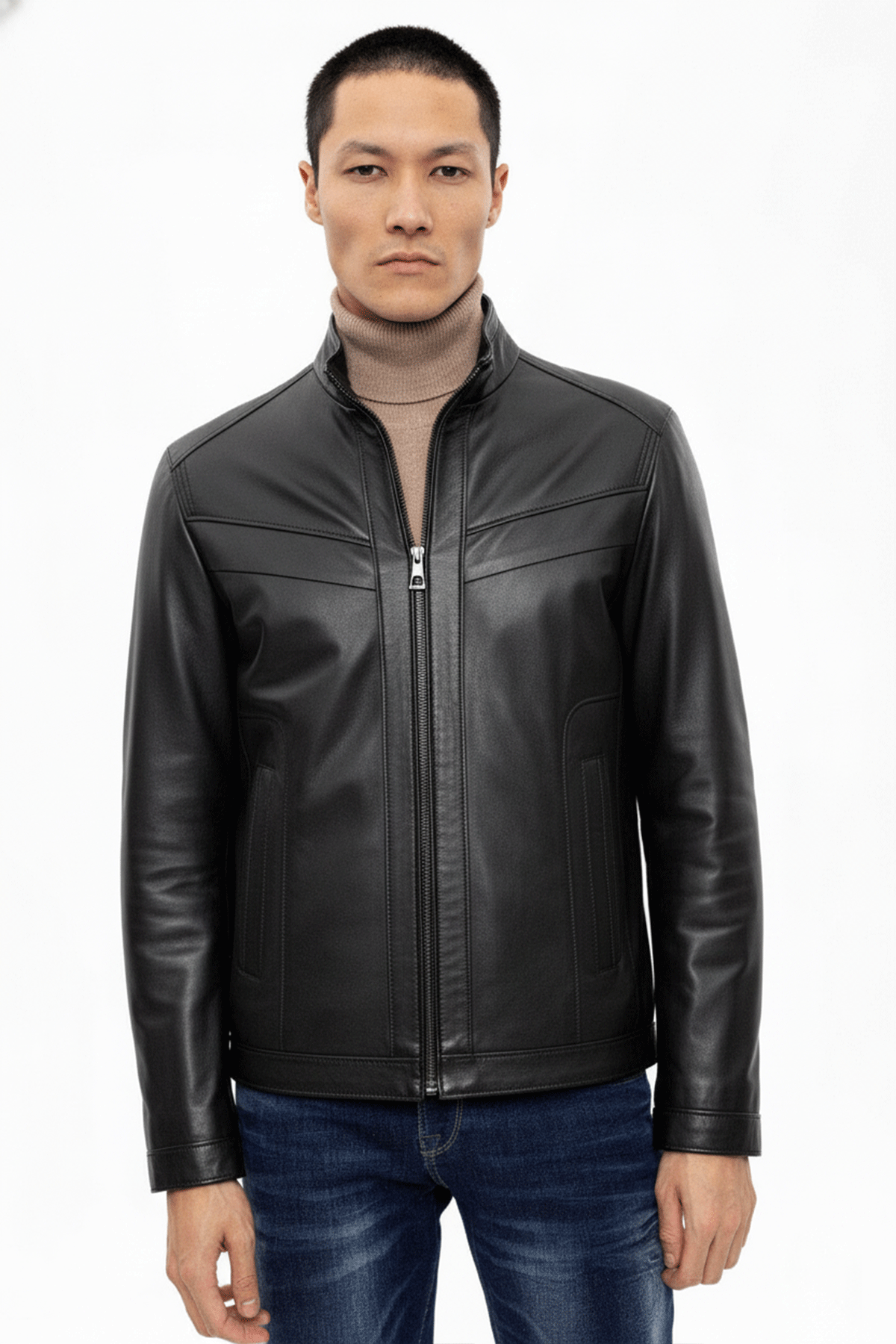 Alvin Siyah Hakim Yaka Fermuarlı Astarlı Kısa Erkek Hakiki Deri Mont