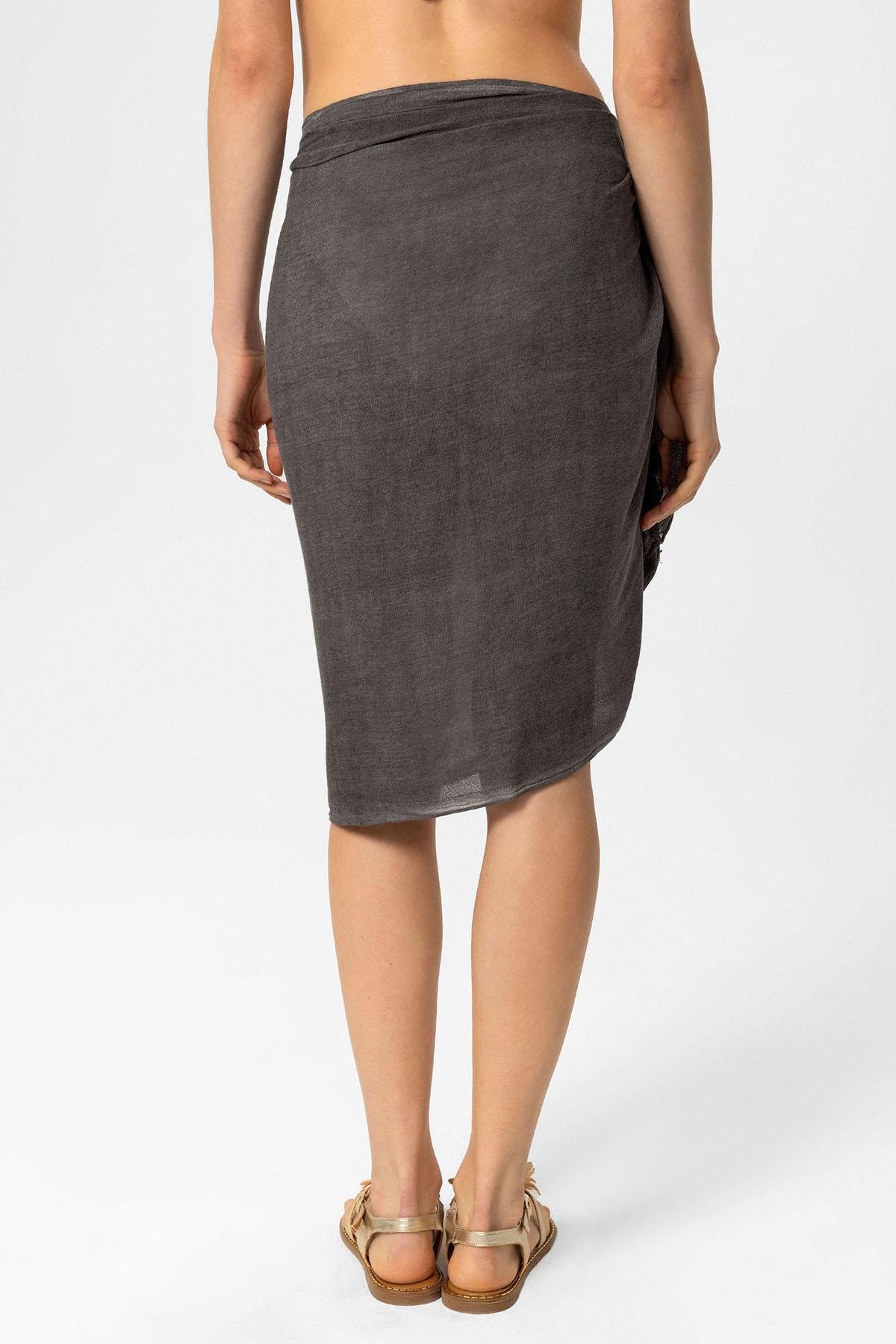 Antrasit Şile Bezi Püskül Detaylı Belden Bağlamalı Yazlık Plaj Pamuklu Pareo