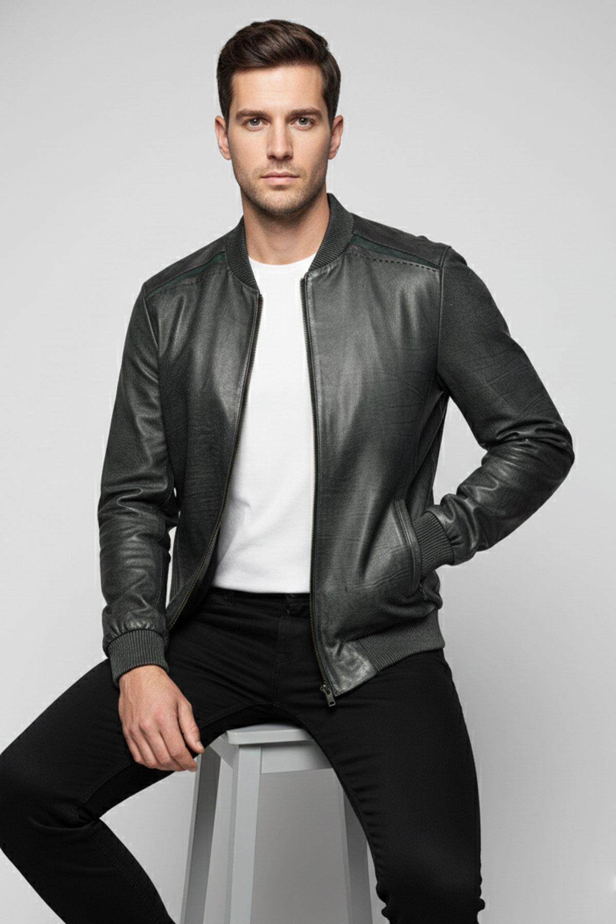 Apollo Çift Taraflı Hakiki Deri Yeşil Taşlama Bomber Erkek Mont