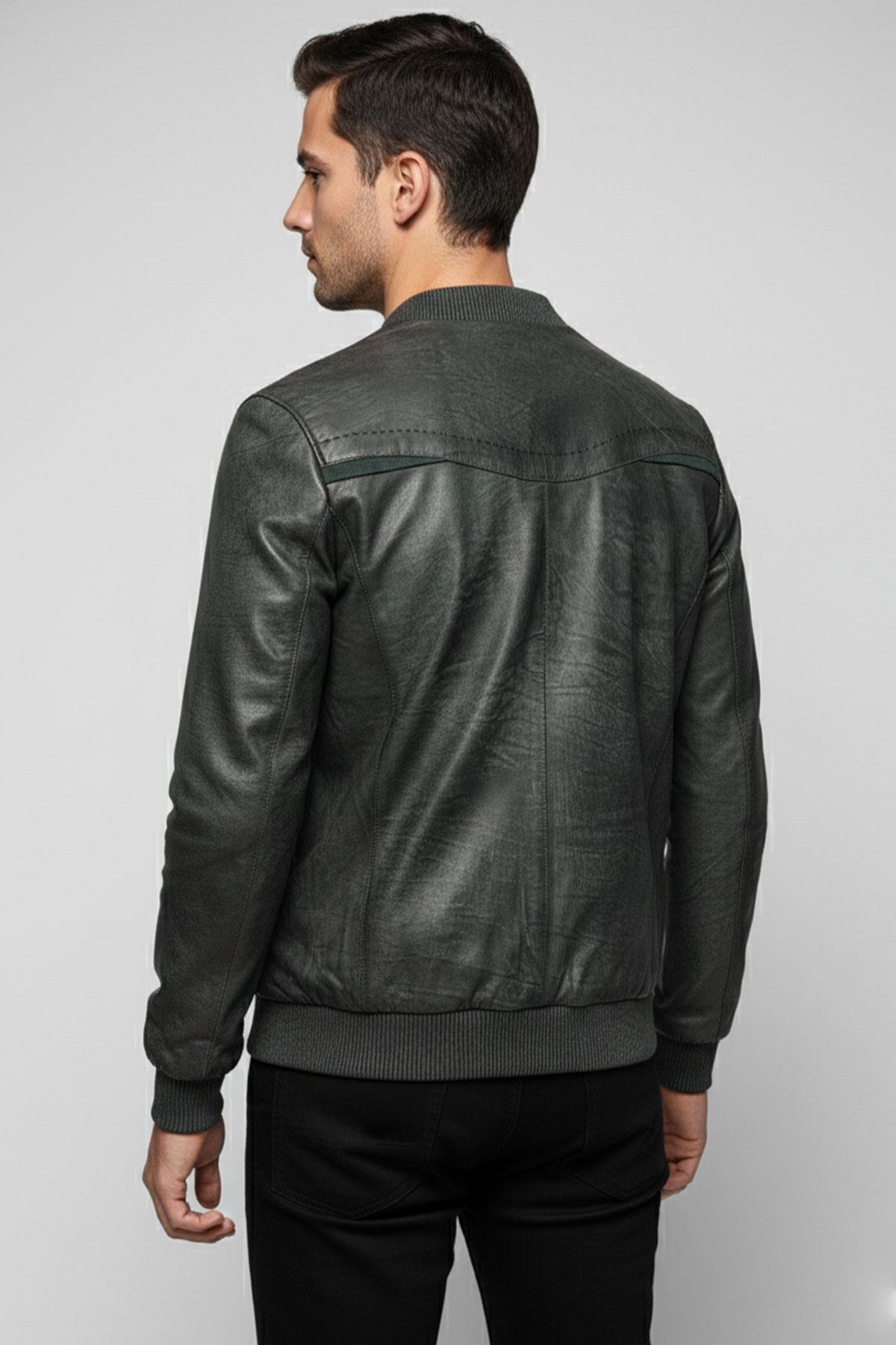 Apollo Çift Taraflı Hakiki Deri Yeşil Taşlama Bomber Erkek Mont
