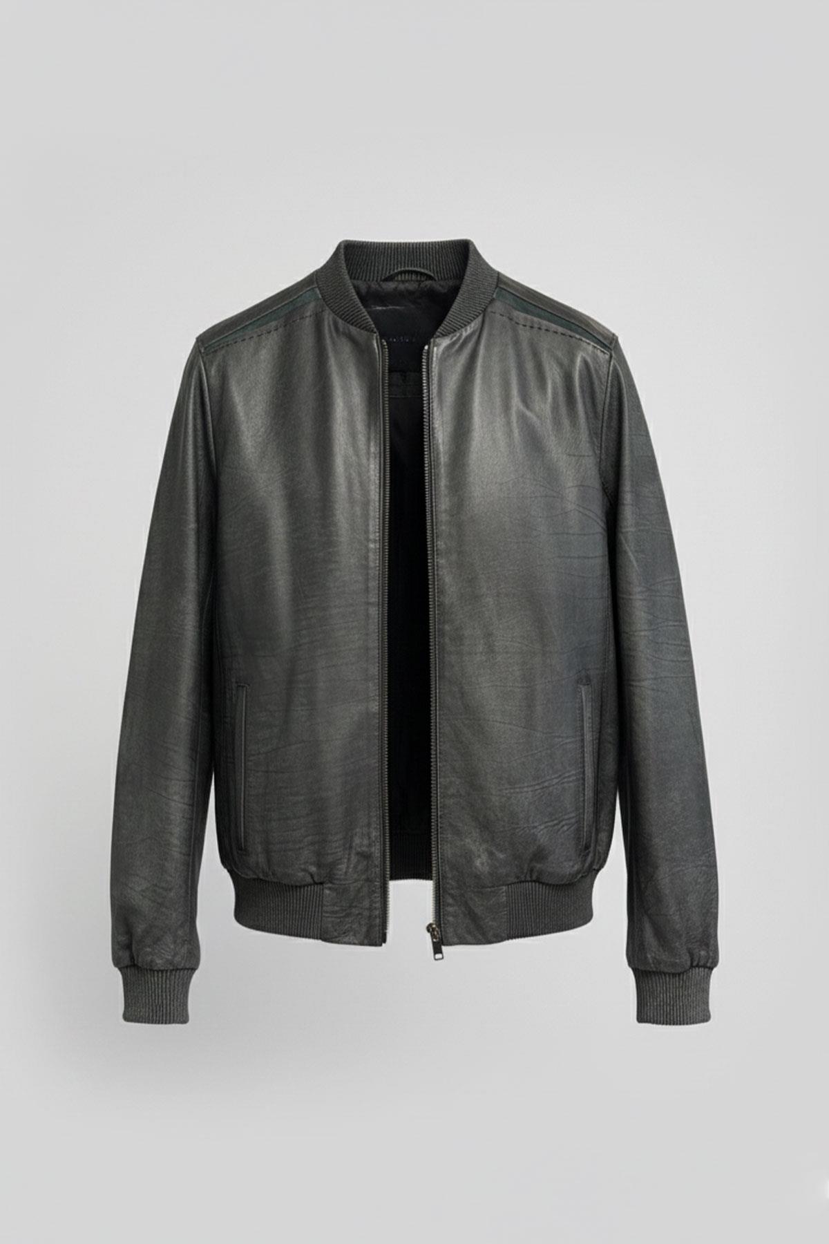 Apollo Çift Taraflı Hakiki Deri Yeşil Taşlama Bomber Erkek Mont