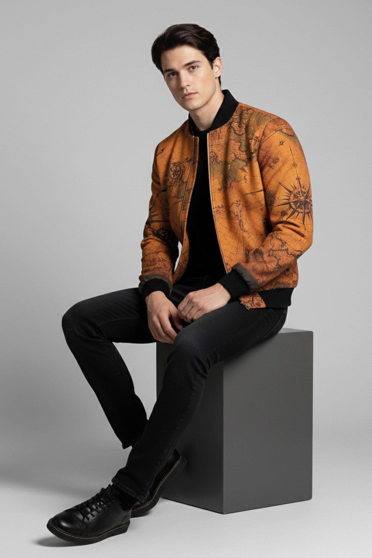 Atlas Taba Harita Desenli Dik Yaka Fermuarlı Astarlı Erkek Hakiki Deri Ceket