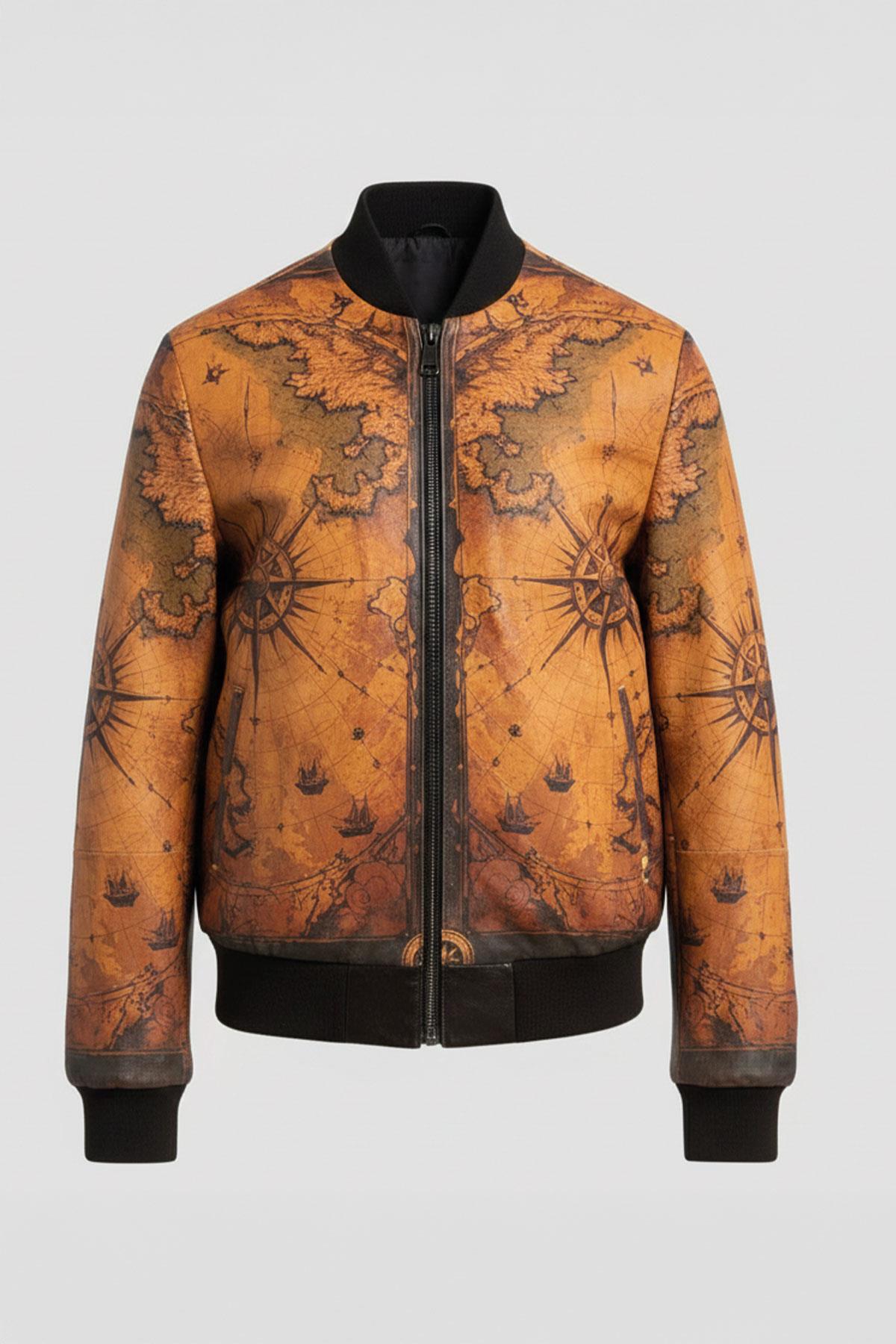 Atlas Taba Harita Desenli Dik Yaka Fermuarlı Astarlı Erkek Hakiki Deri Ceket