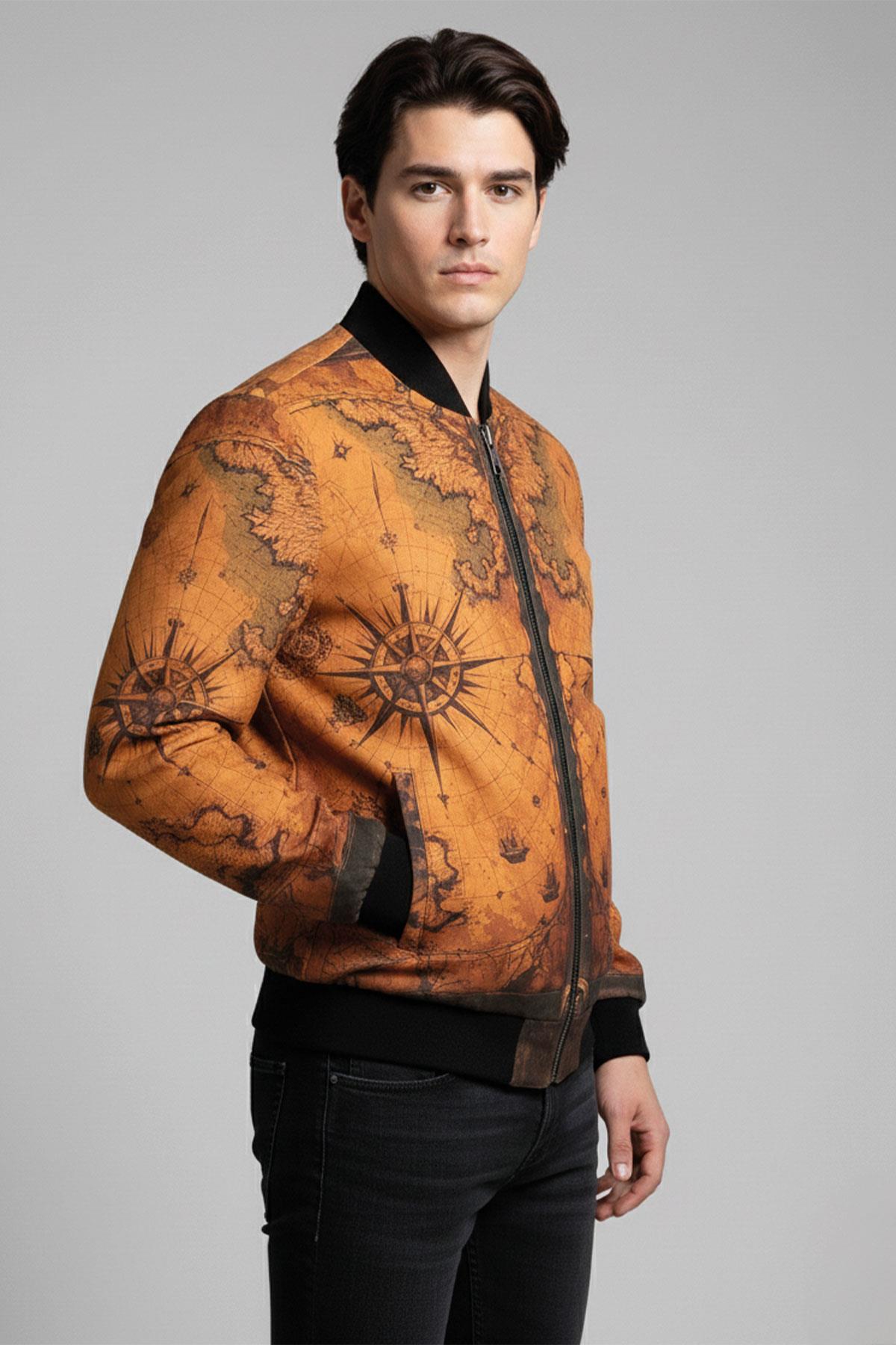 Atlas Taba Harita Desenli Dik Yaka Fermuarlı Astarlı Erkek Hakiki Deri Ceket