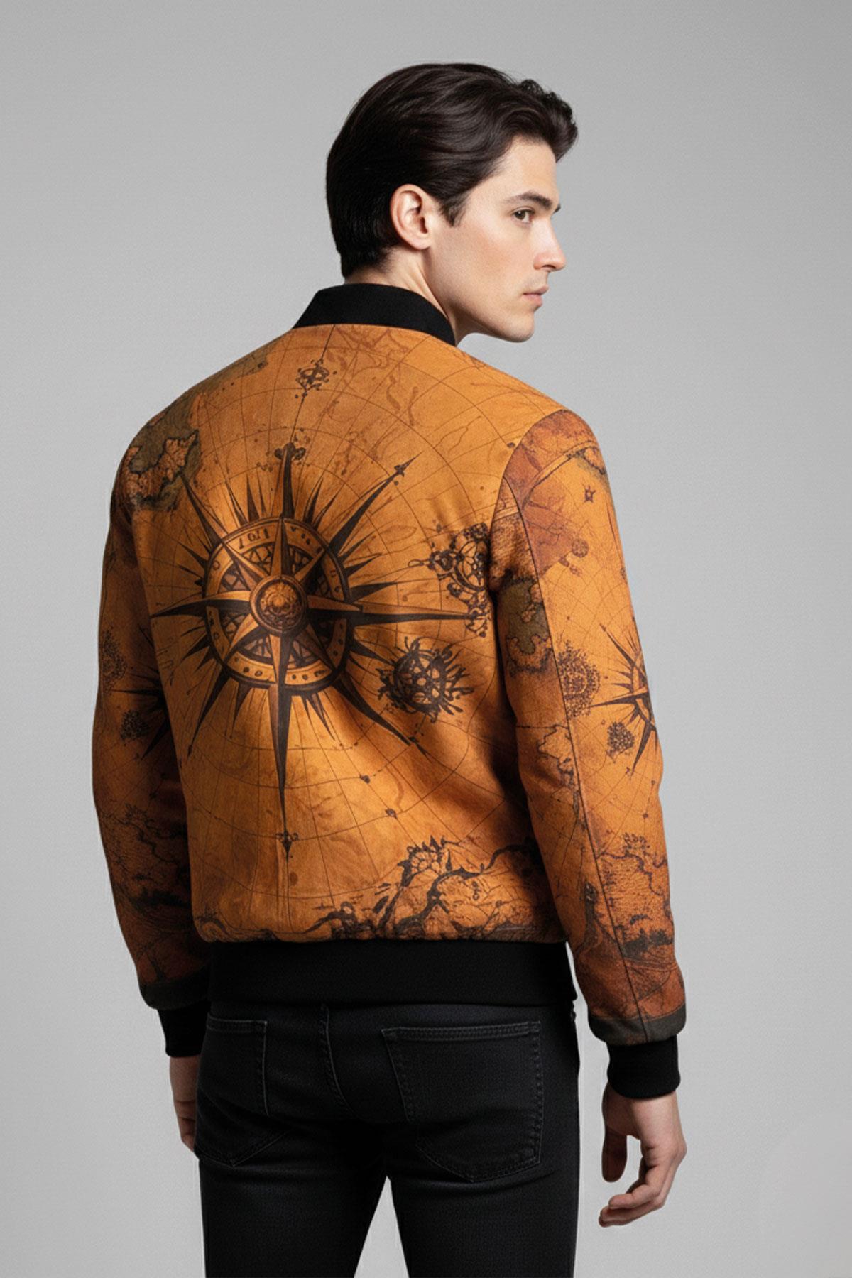 Atlas Taba Harita Desenli Dik Yaka Fermuarlı Astarlı Erkek Hakiki Deri Ceket