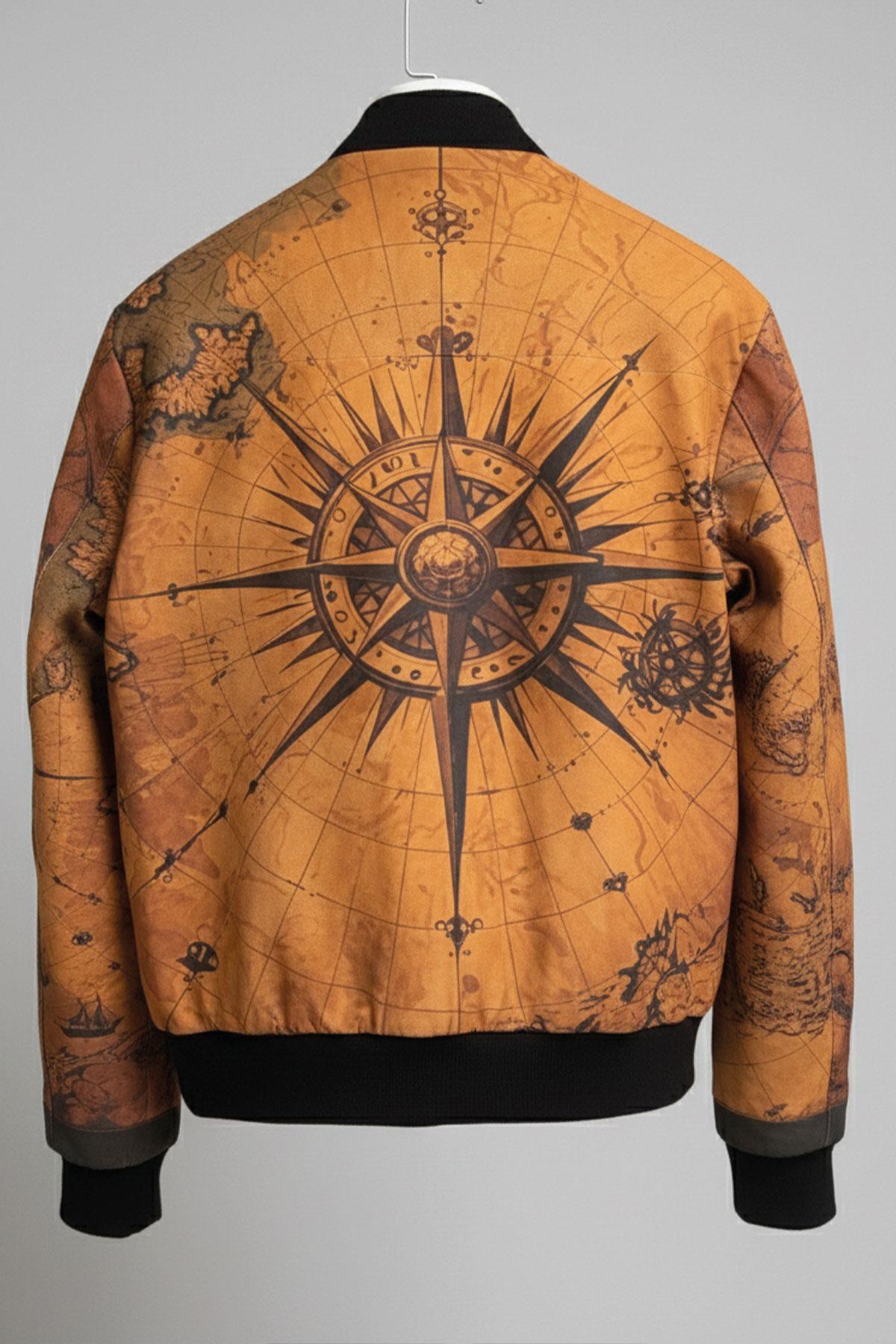 Atlas Taba Harita Desenli Dik Yaka Fermuarlı Astarlı Erkek Hakiki Deri Ceket