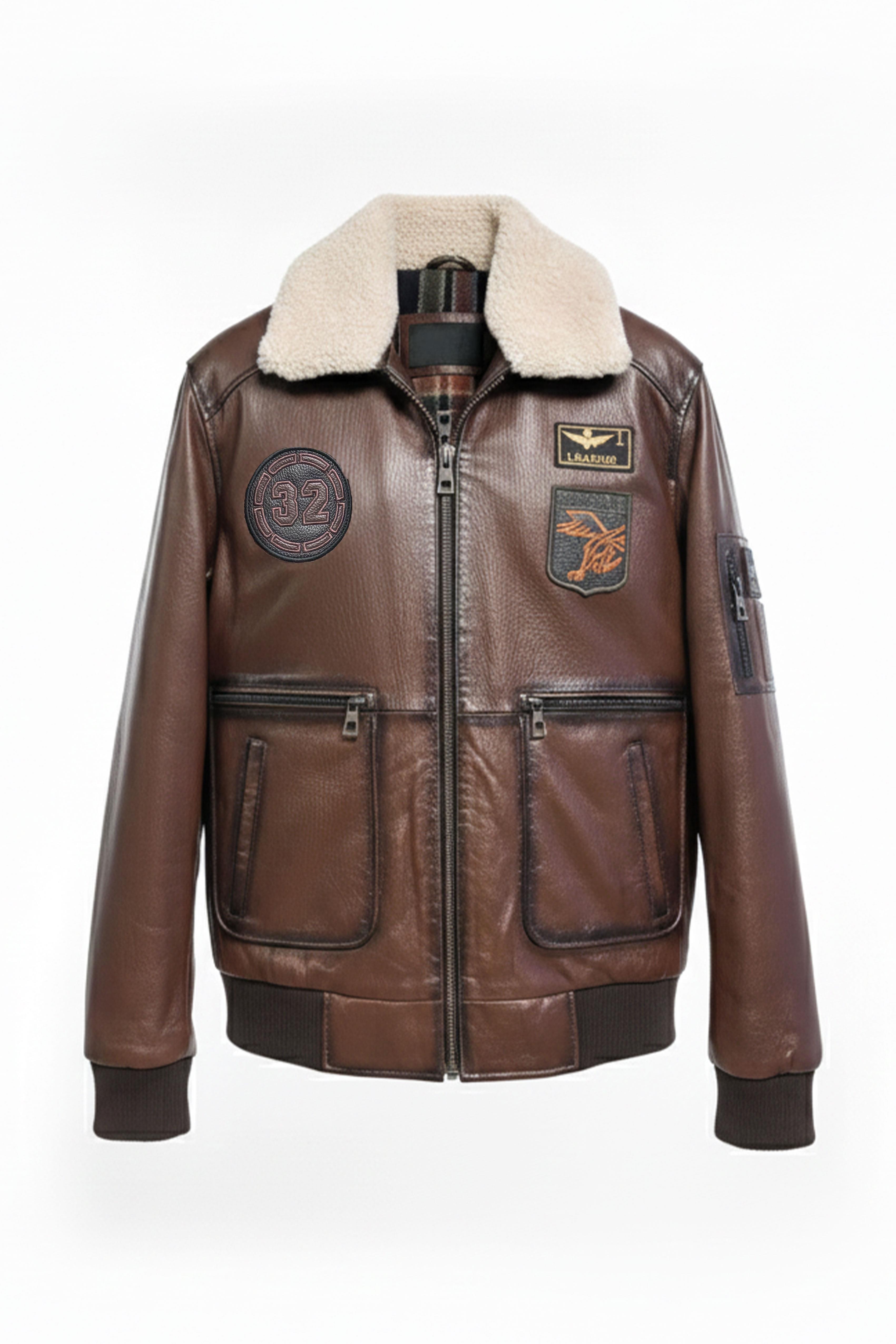 Aviator 32 Kahverengi Hakiki Deri Yamalı Erkek Bomber Mont