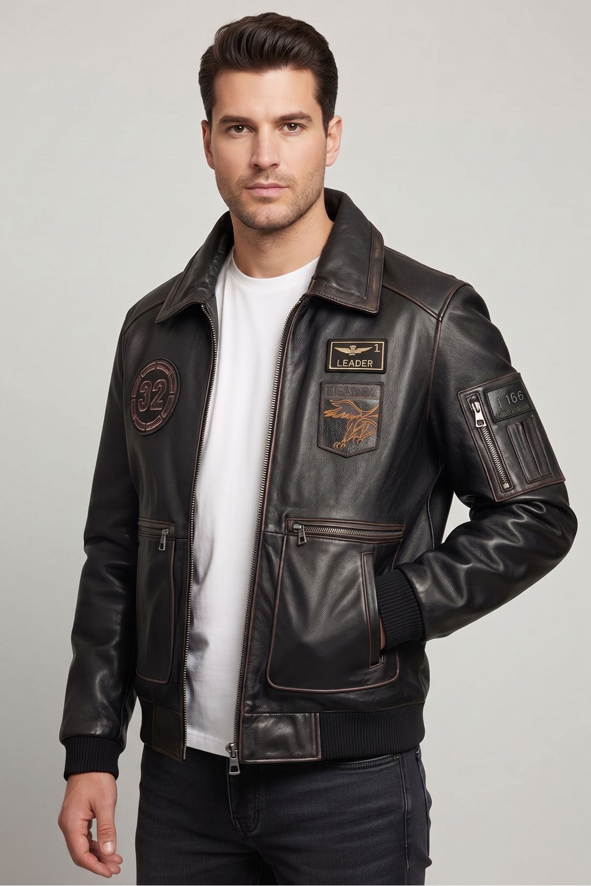 Aviator Siyah Armalı Hakiki Deri Erkek Bomber Mont