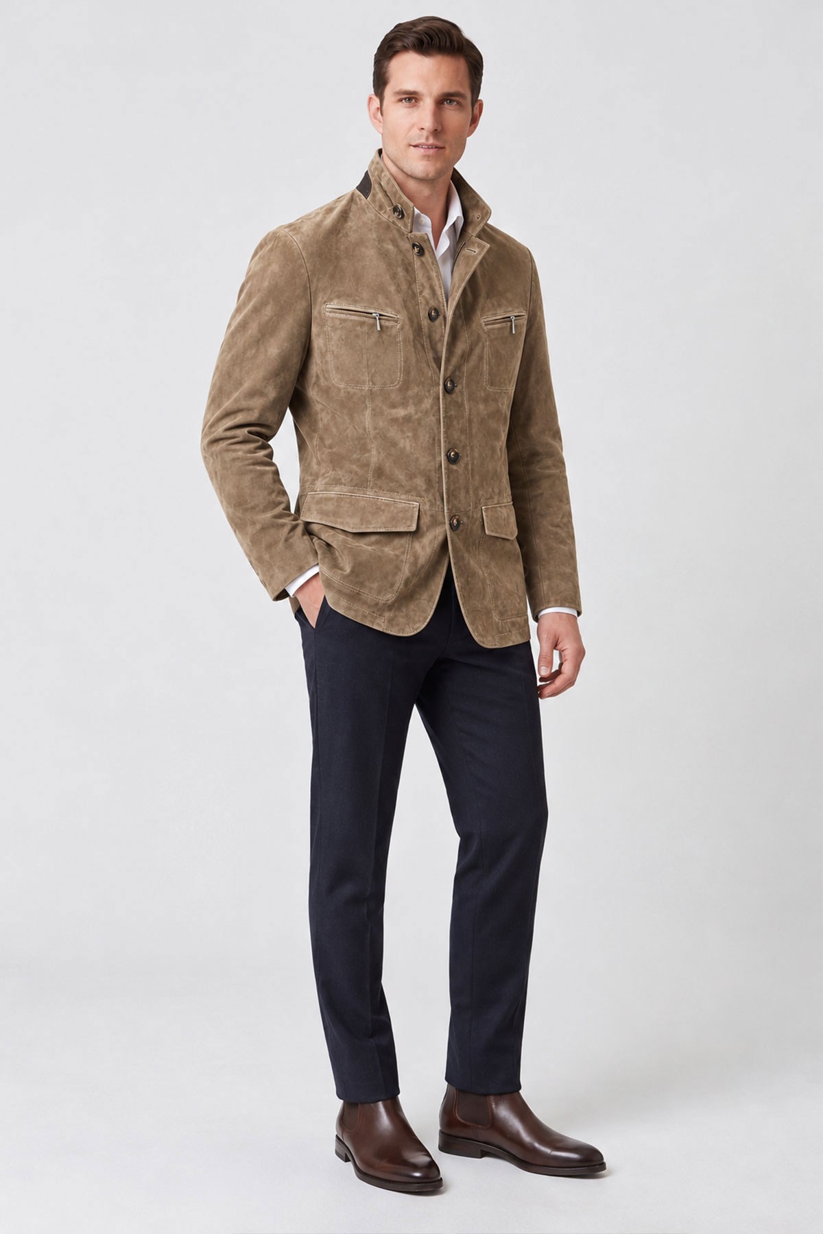 Bej Felix Men's Lined Slim Fit Narrow Cut Zippered and Buttoned Blazer Genuine Suede Jacket