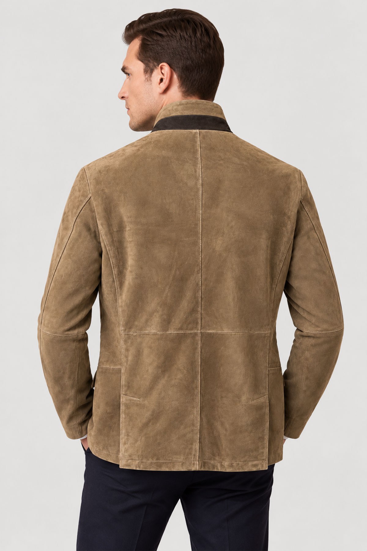 Bej Felix Men's Lined Slim Fit Narrow Cut Zippered and Buttoned Blazer Genuine Suede Jacket