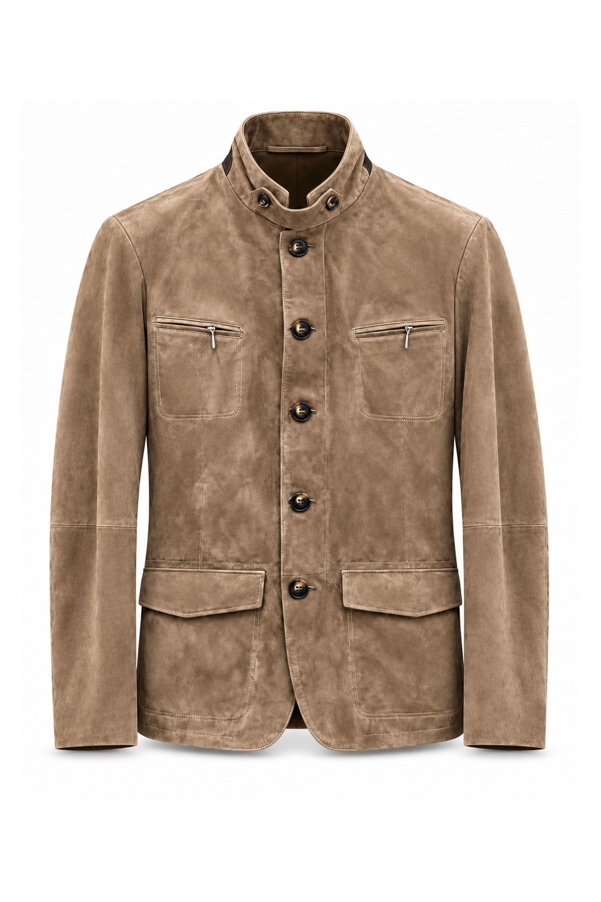 Bej Felix Men's Lined Slim Fit Narrow Cut Zippered and Buttoned Blazer Genuine Suede Jacket