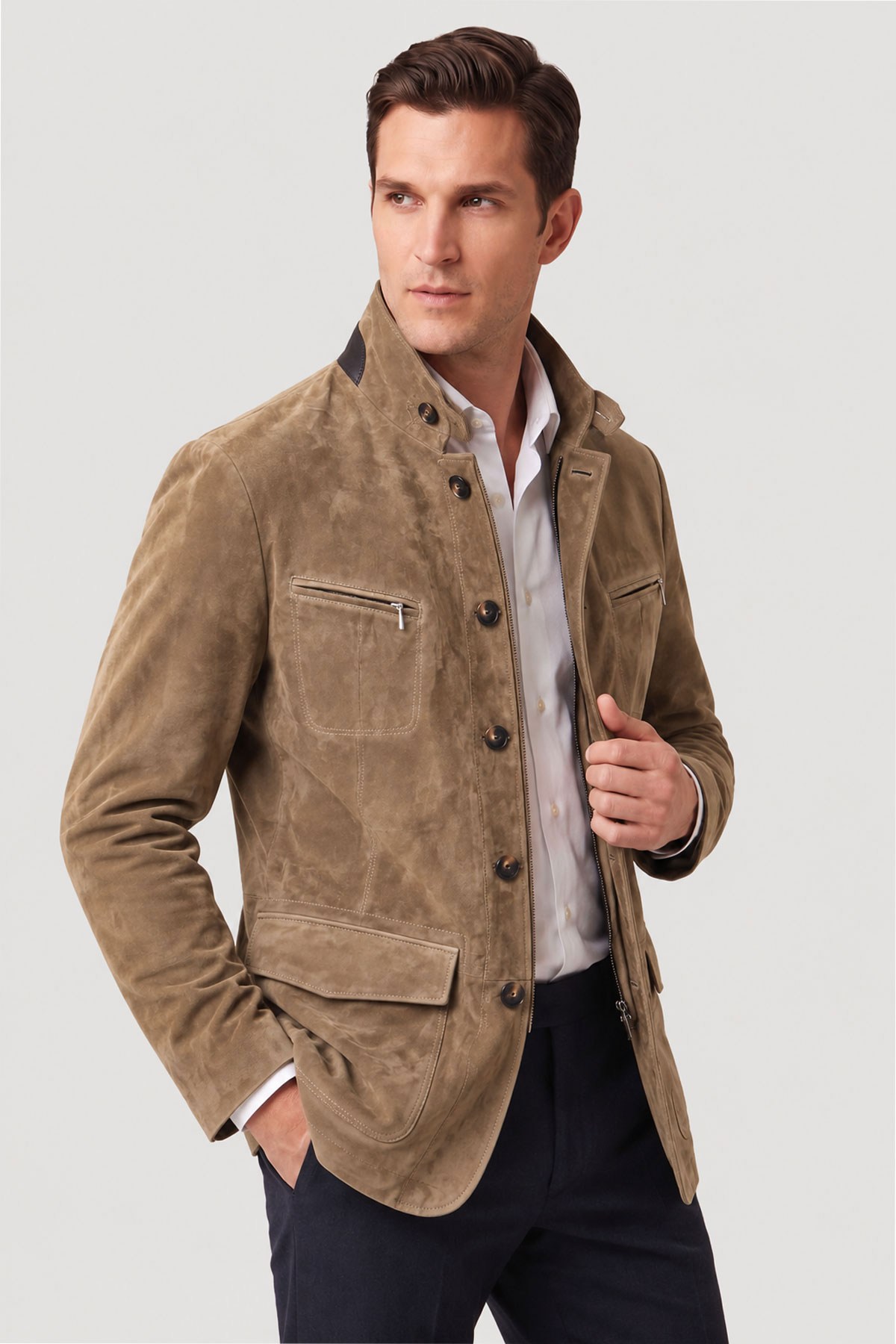 Bej Felix Men's Lined Slim Fit Narrow Cut Zippered and Buttoned Blazer Genuine Suede Jacket