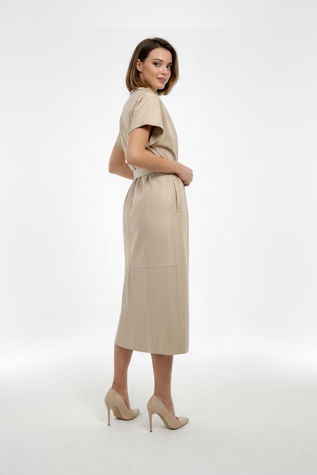 Bej Hakiki Deri Kuşaklı Uzun Yelek