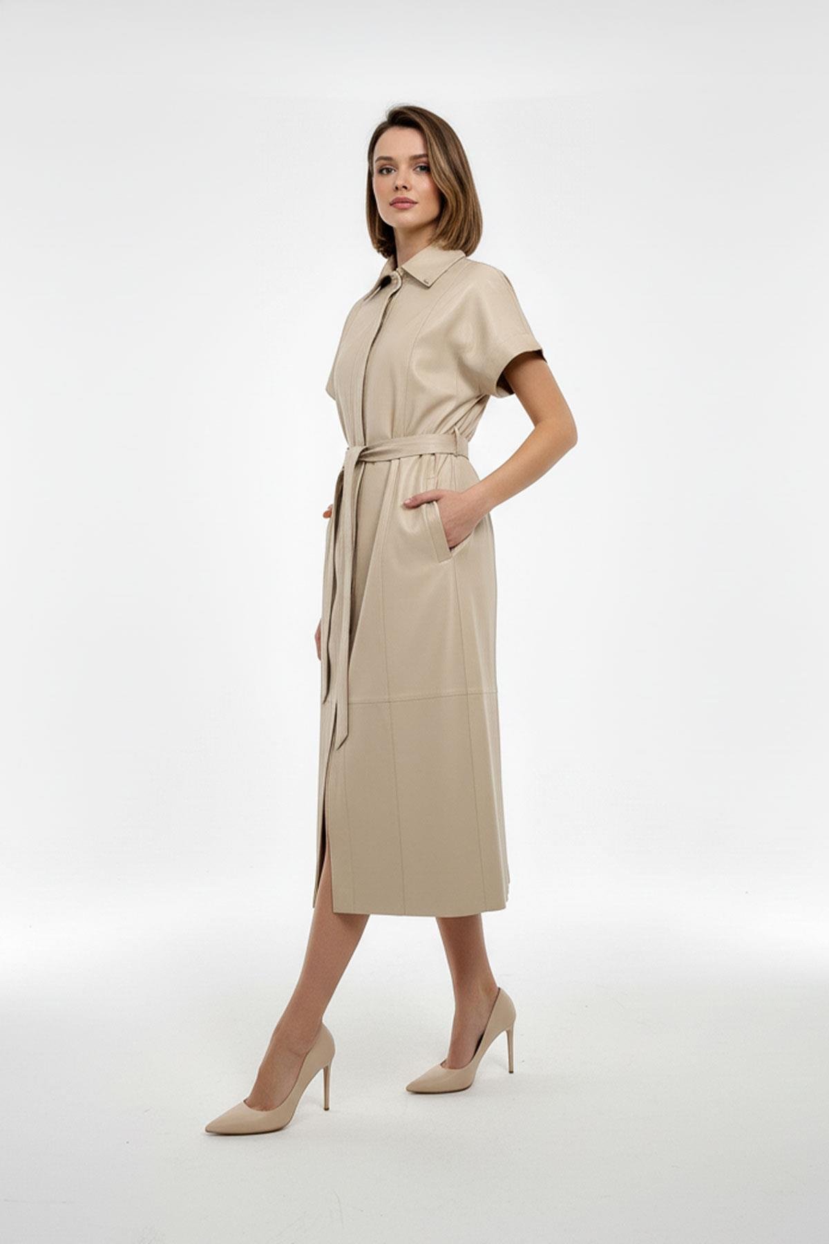 Bej Hakiki Deri Kuşaklı Uzun Yelek