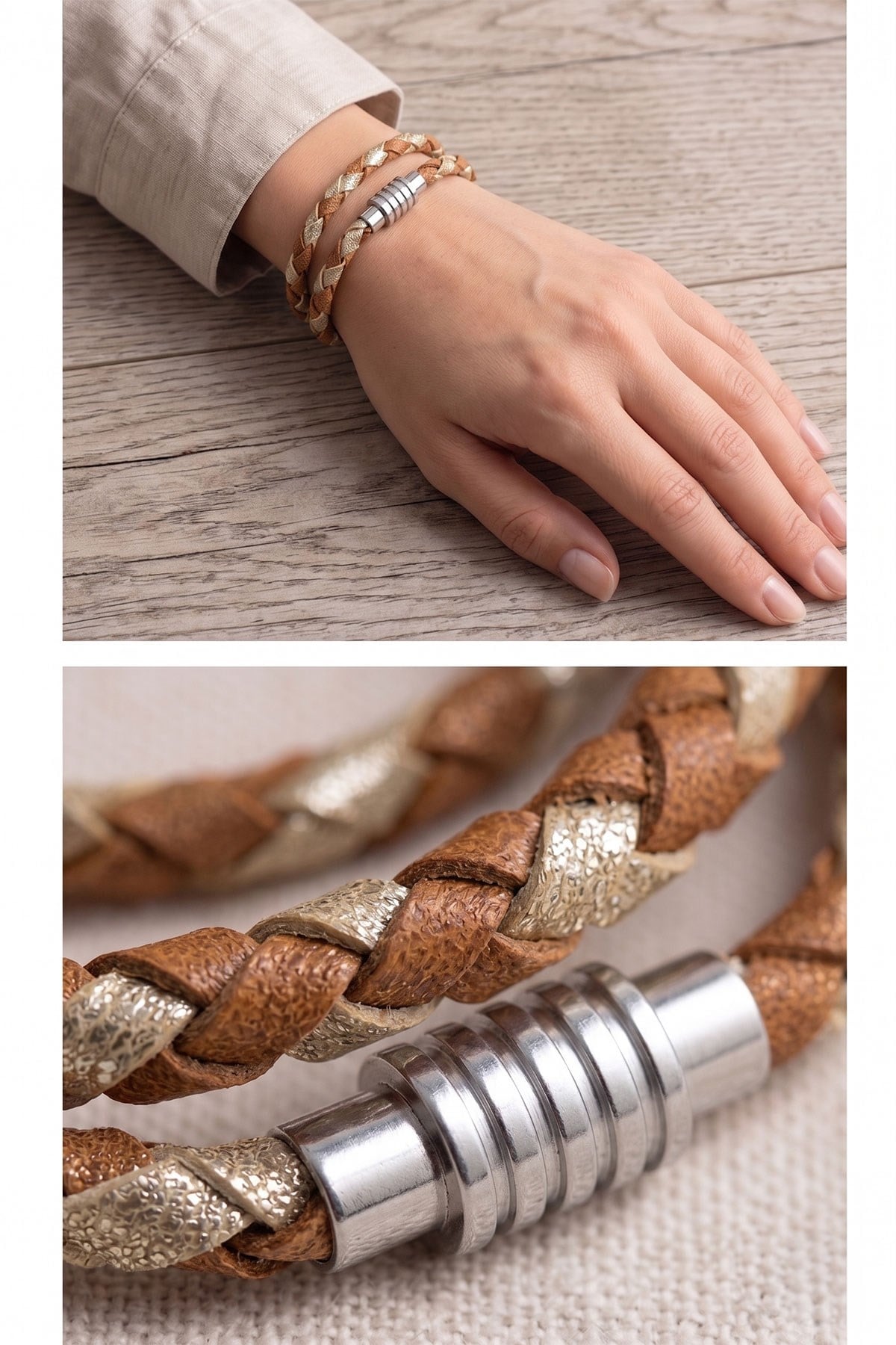 Beige Brown Knitted Leather Bracelet