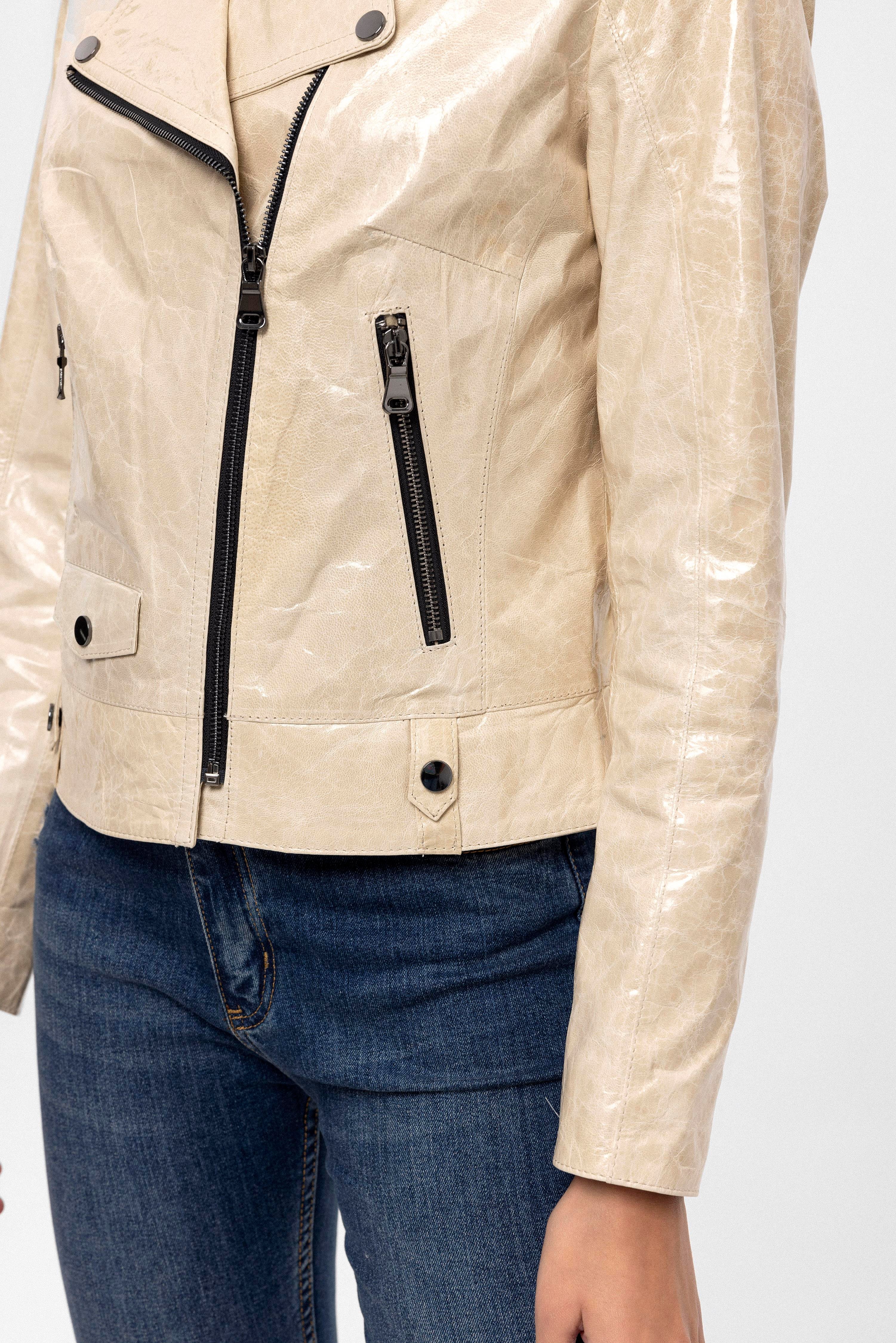 Bej Merlot Çıt Çıt Detaylı Yandan Fermuarlı Biker Motorcu Hakiki Deri Kadın Mont