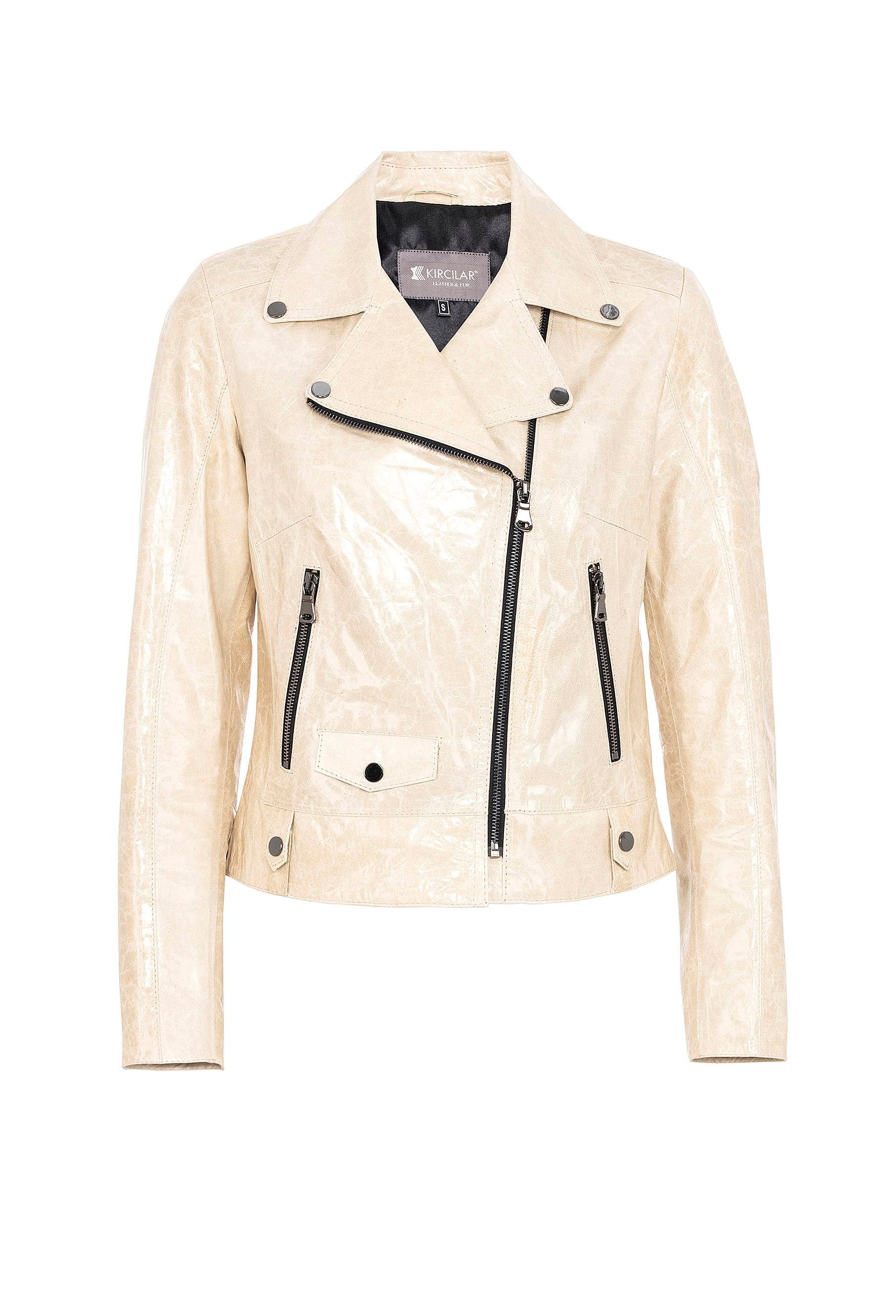 Bej Merlot Çıt Çıt Detaylı Yandan Fermuarlı Biker Motorcu Hakiki Deri Kadın Mont