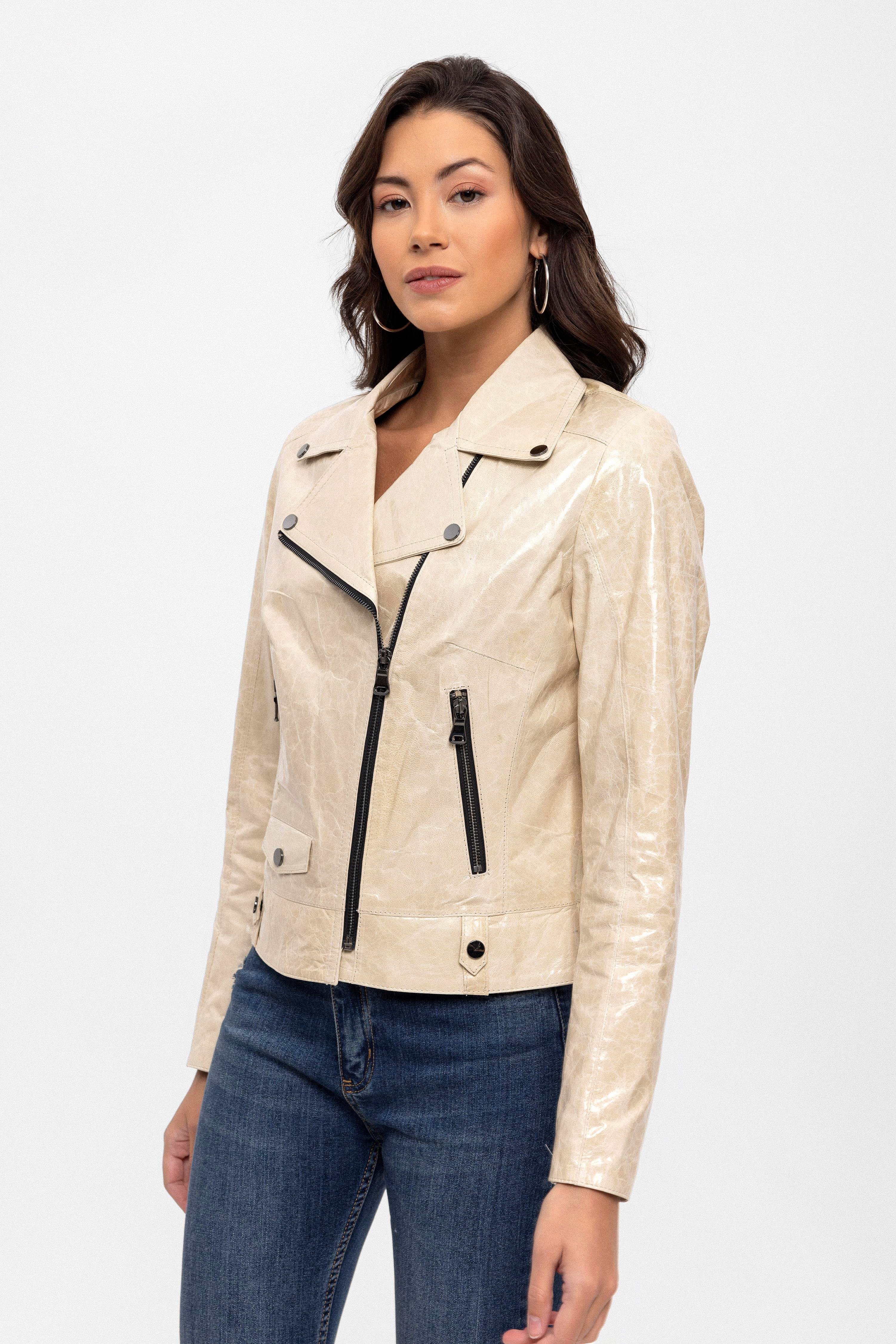 Bej Merlot Çıt Çıt Detaylı Yandan Fermuarlı Biker Motorcu Hakiki Deri Kadın Mont