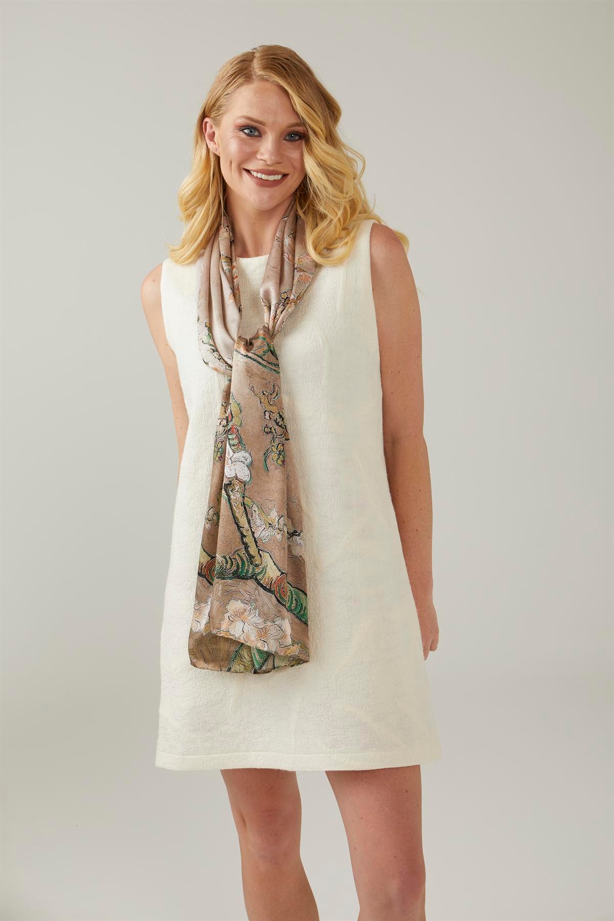 Beige Van Gogh Almond Blossoms Silk Scarf