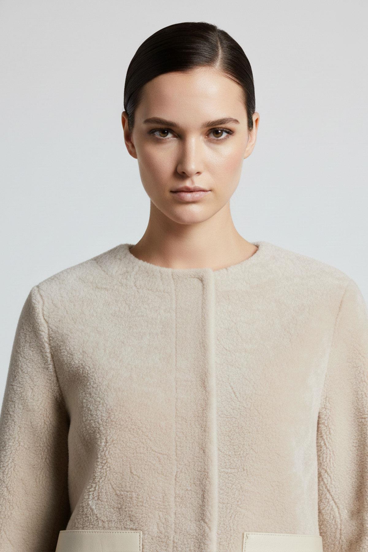 Bej Yumuşak Dokulu Deri Cepli Kısa Ceket