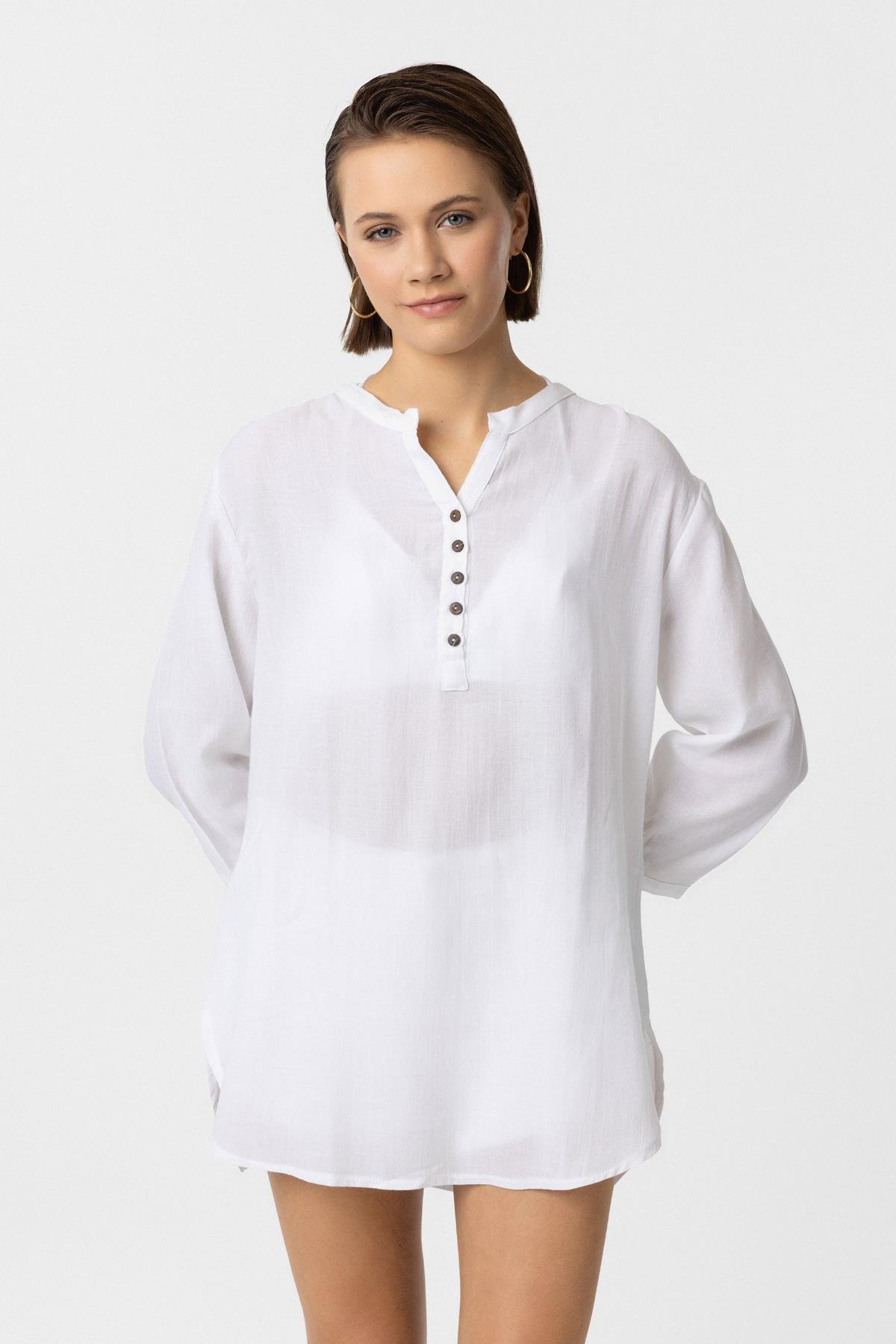 Beyaz Düğmeli Truvakar Kolu Şile Bezi Sıfır Yaka Pamuklu Bluz