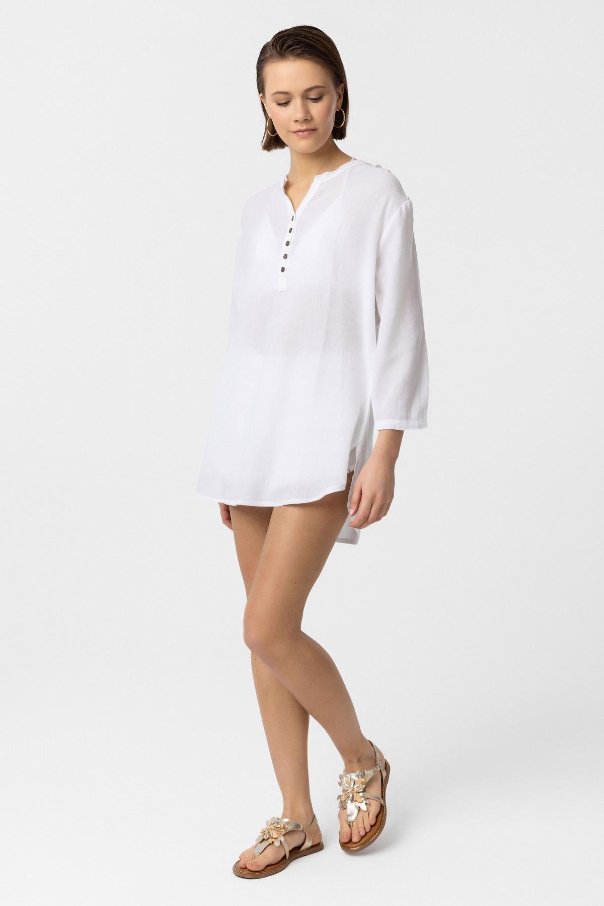 Beyaz Düğmeli Truvakar Kolu Şile Bezi Sıfır Yaka Pamuklu Bluz