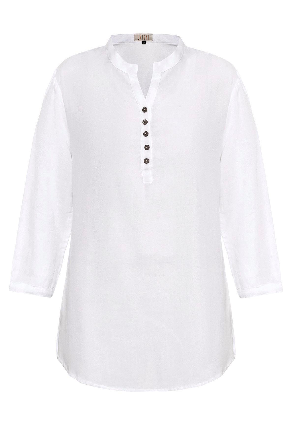 Beyaz Düğmeli Truvakar Kolu Şile Bezi Sıfır Yaka Pamuklu Bluz