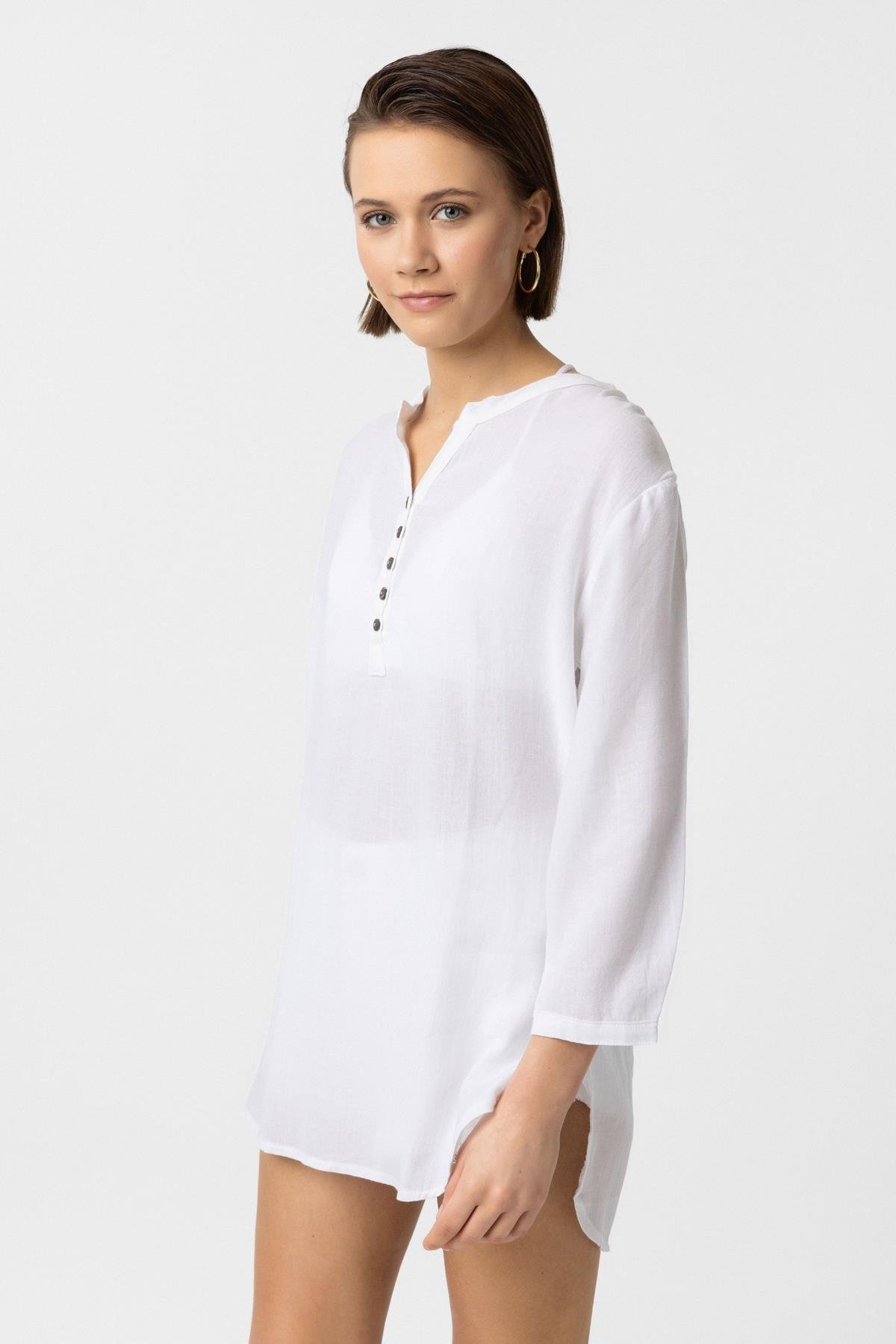 Beyaz Düğmeli Truvakar Kolu Şile Bezi Sıfır Yaka Pamuklu Bluz