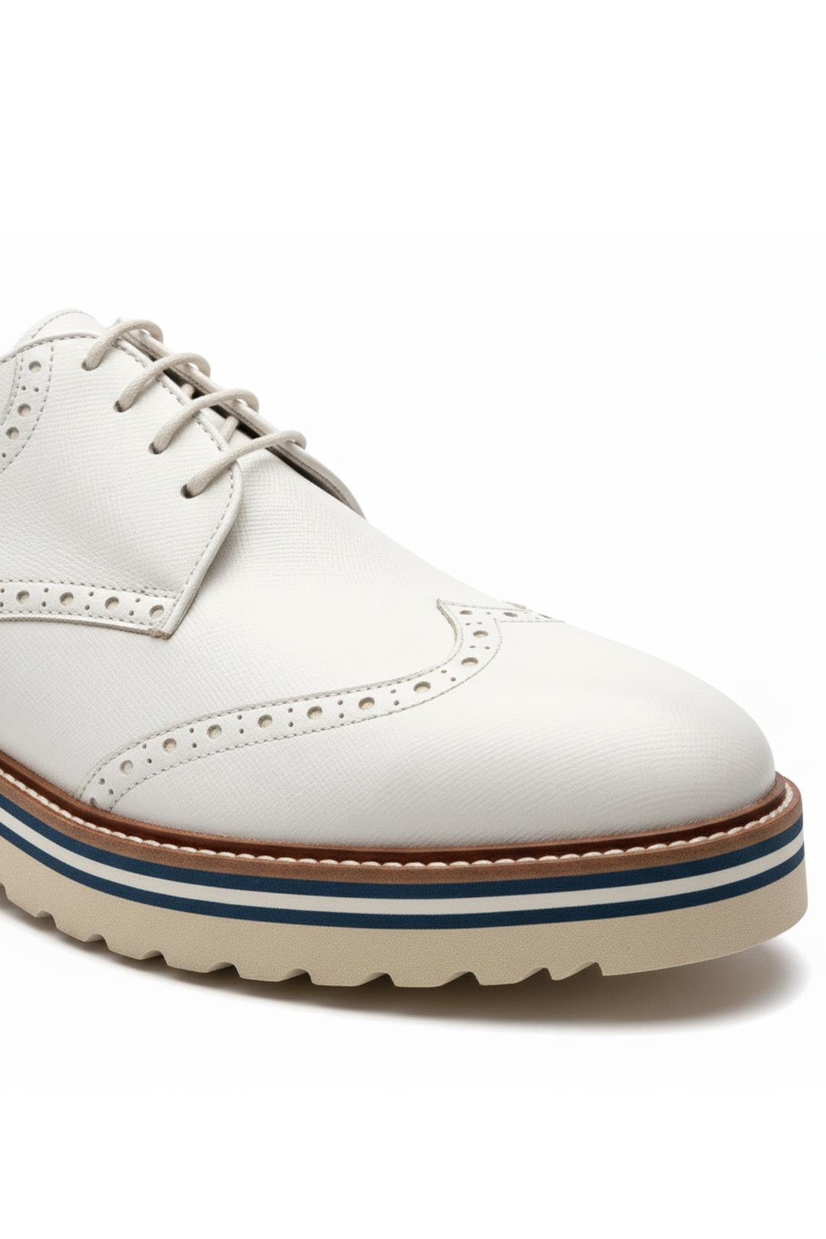 Beyaz Hakiki Deri Kalın Tabanlı Brogue Erkek Ayakkabı