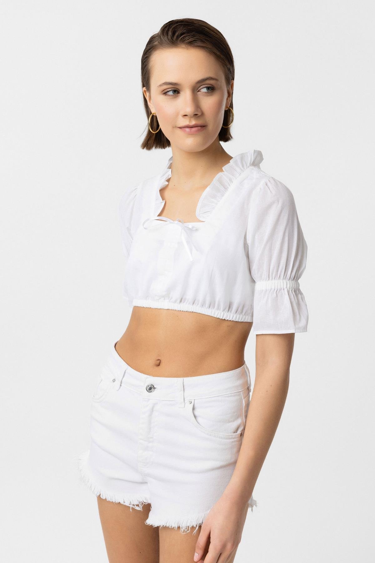 Beyaz Kare Yaka Fırfırlı Pamuklu Büstiyer