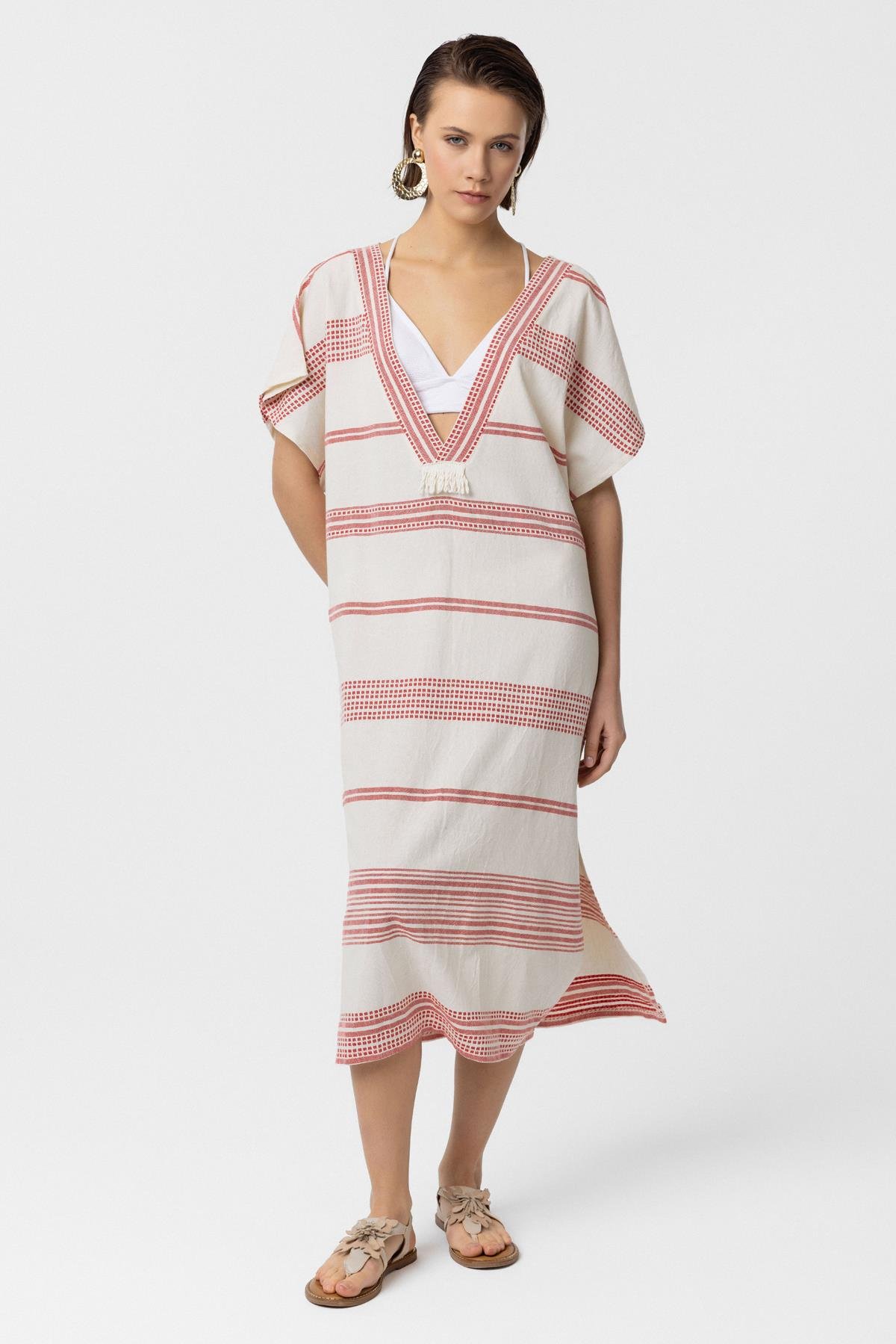 Beyaz Kırmızı Şile Bezi Püskül Detaylı Kısa Kollu V yaka Yazlık Astarsız Plaj Pamuklu Elbise