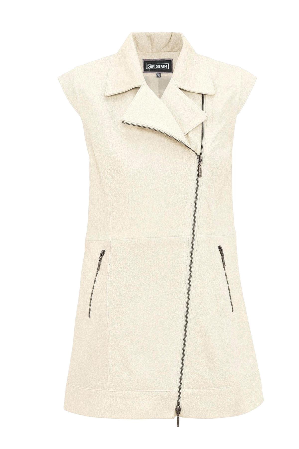White WomenS Sleeves Knitted Leather Vest