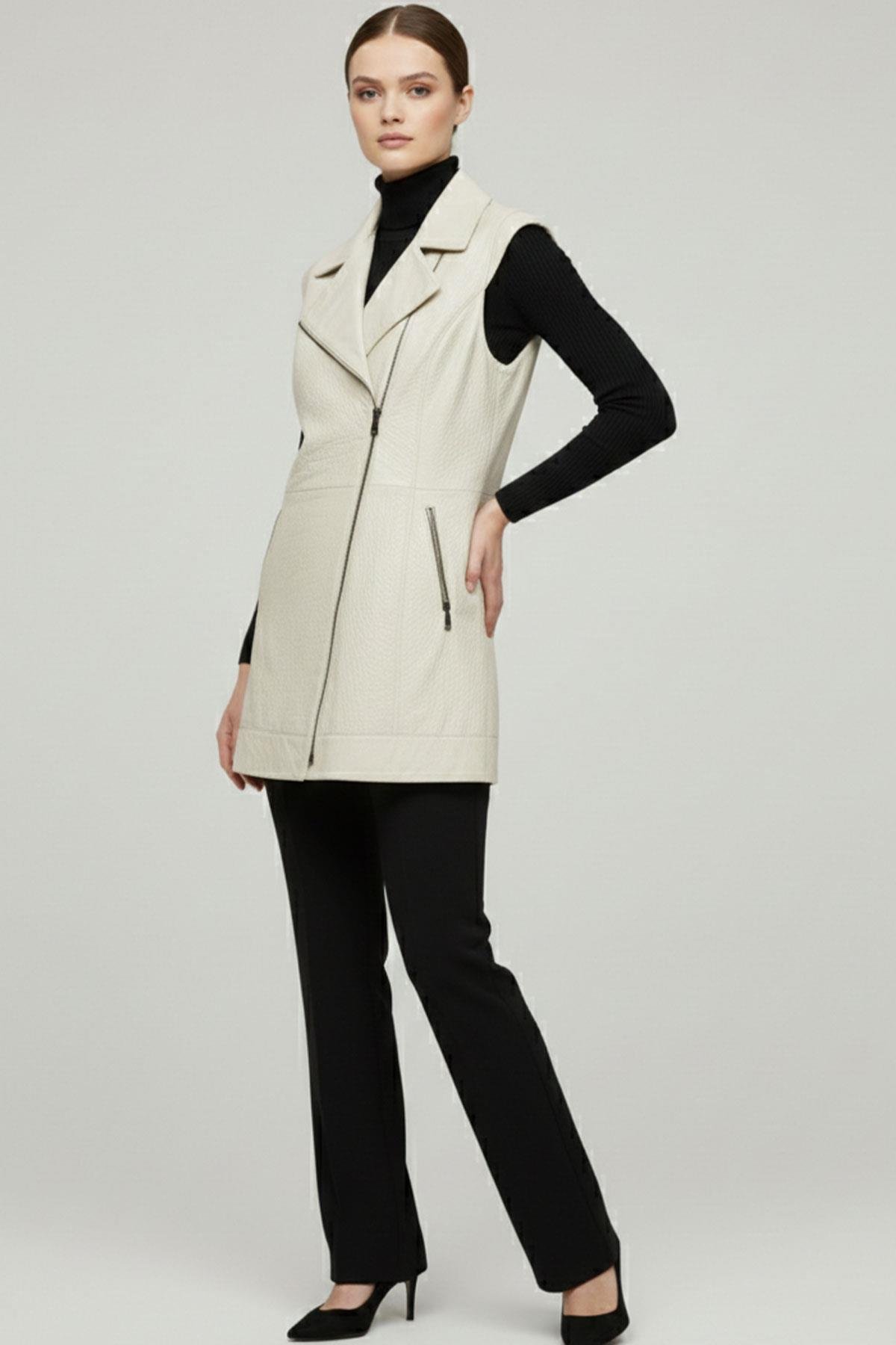 White WomenS Sleeves Knitted Leather Vest