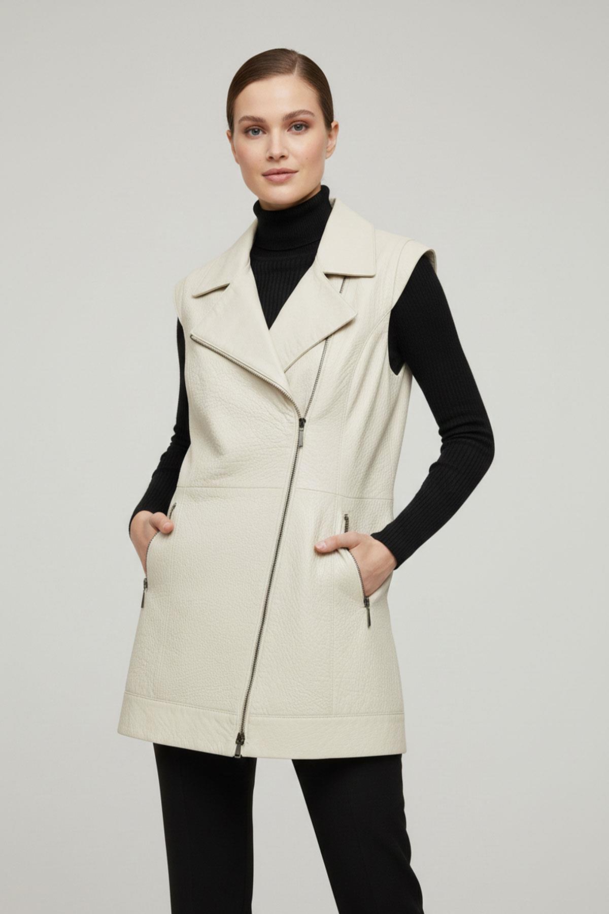 White WomenS Sleeves Knitted Leather Vest