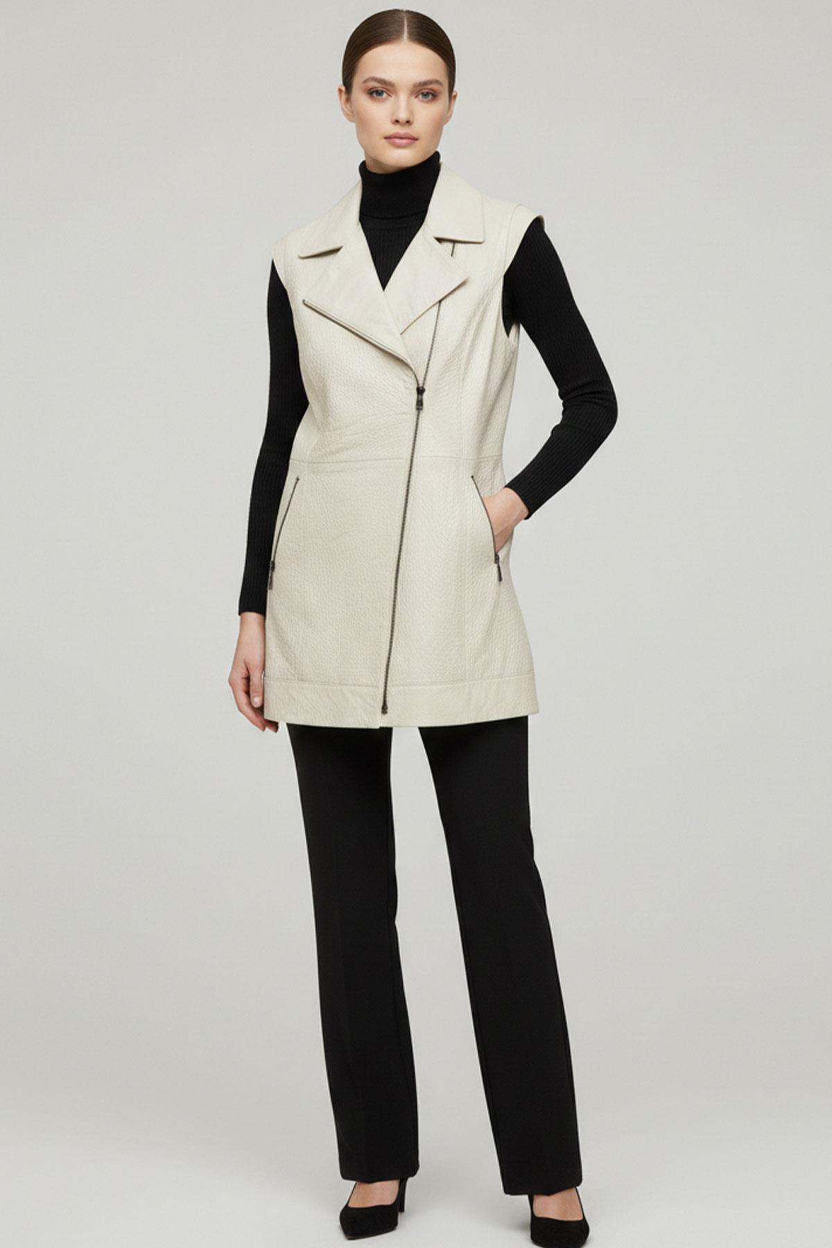 White WomenS Sleeves Knitted Leather Vest