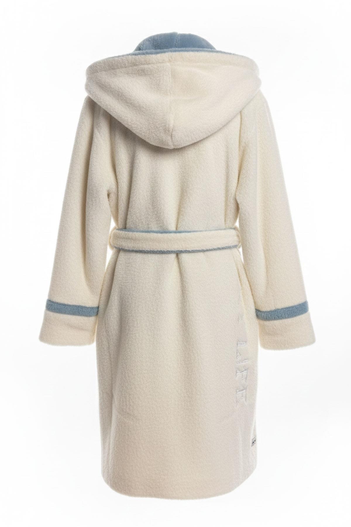 Beyaz Mavi Kapüşonlu Kemerli Kadın Peluş Kaban