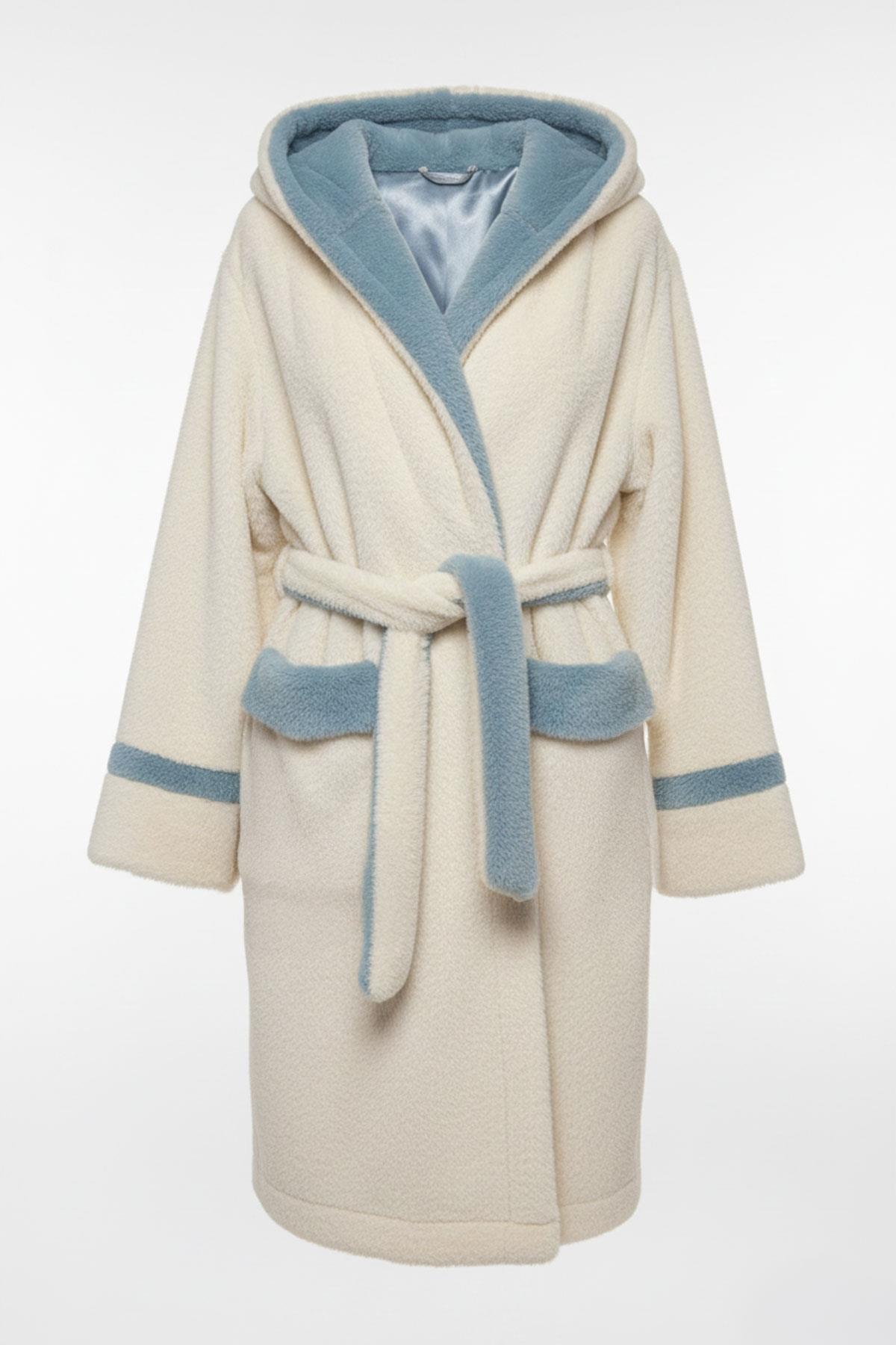 Beyaz Mavi Kapüşonlu Kemerli Kadın Peluş Kaban