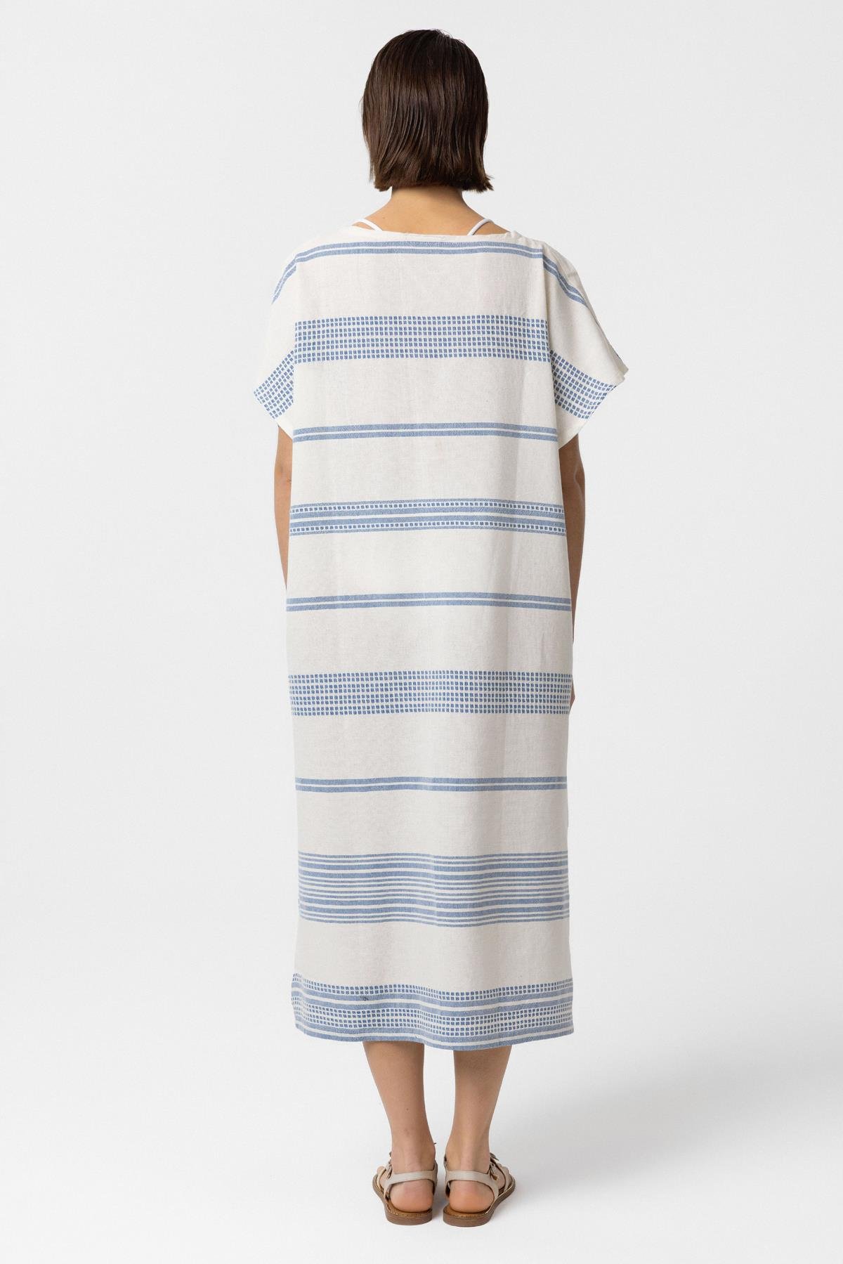 Beyaz Mavi Şile Bezi Püskül Detaylı Kısa Kollu V yaka Yazlık Astarsız Plaj Pamuklu Elbise