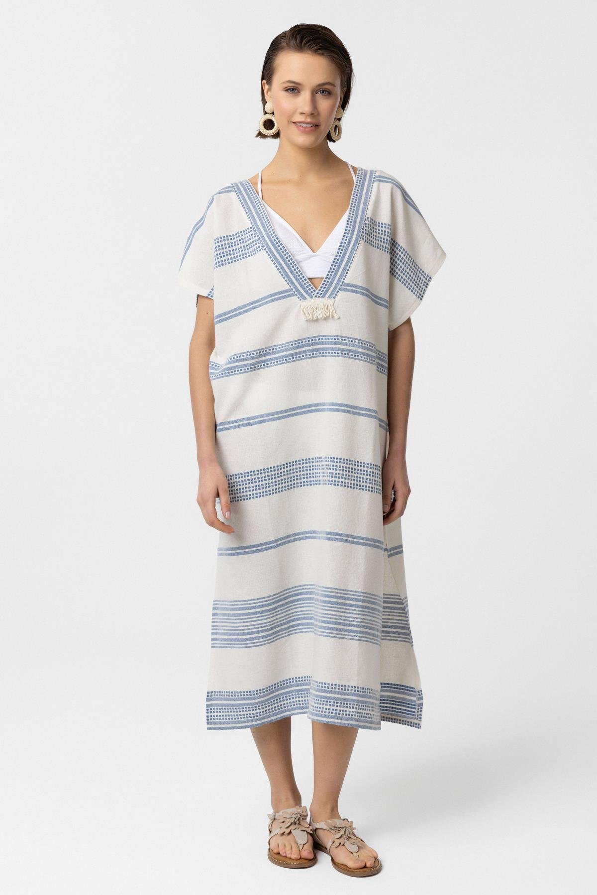 Beyaz Mavi Şile Bezi Püskül Detaylı Kısa Kollu V yaka Yazlık Astarsız Plaj Pamuklu Elbise