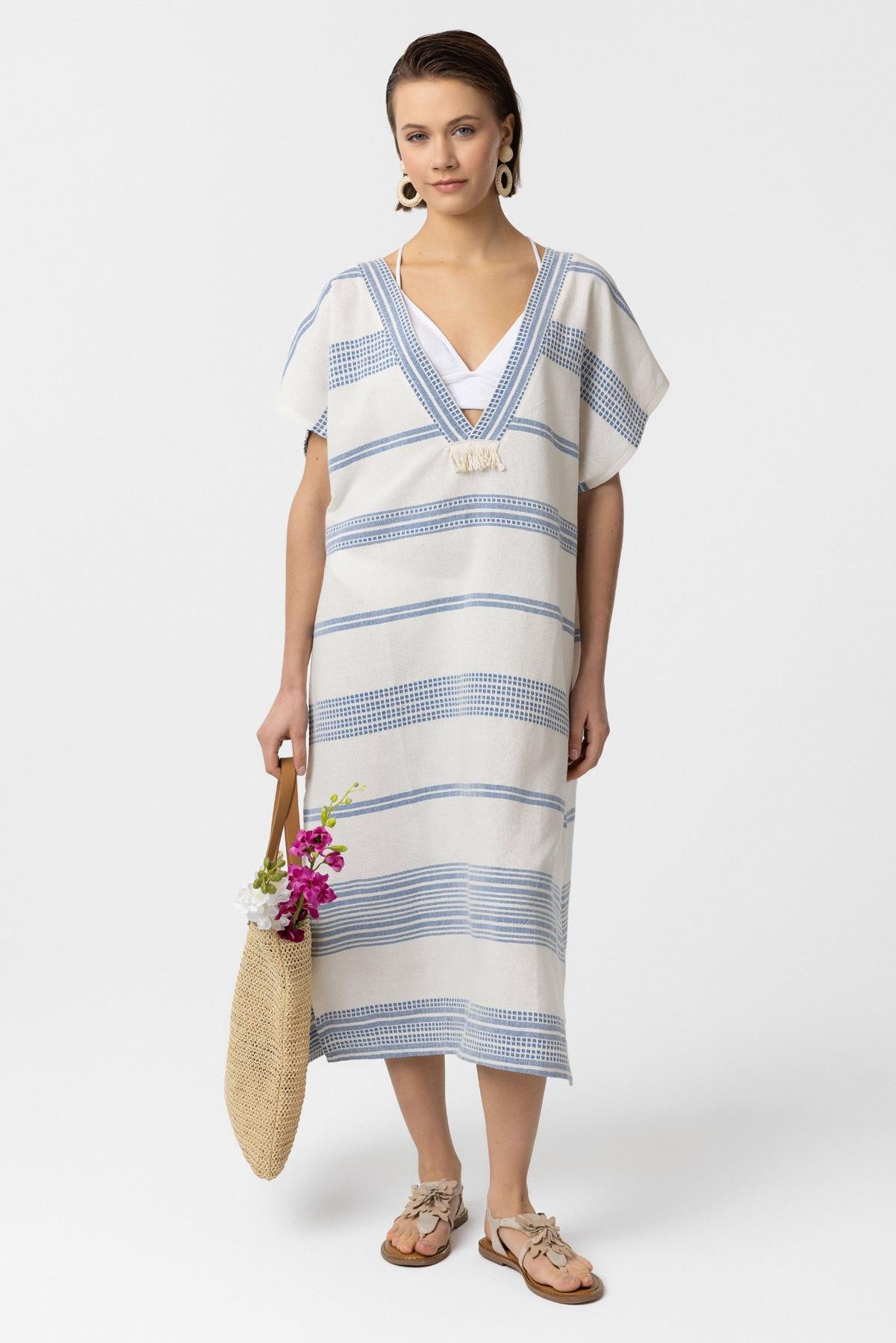 Beyaz Mavi Şile Bezi Püskül Detaylı Kısa Kollu V yaka Yazlık Astarsız Plaj Pamuklu Elbise