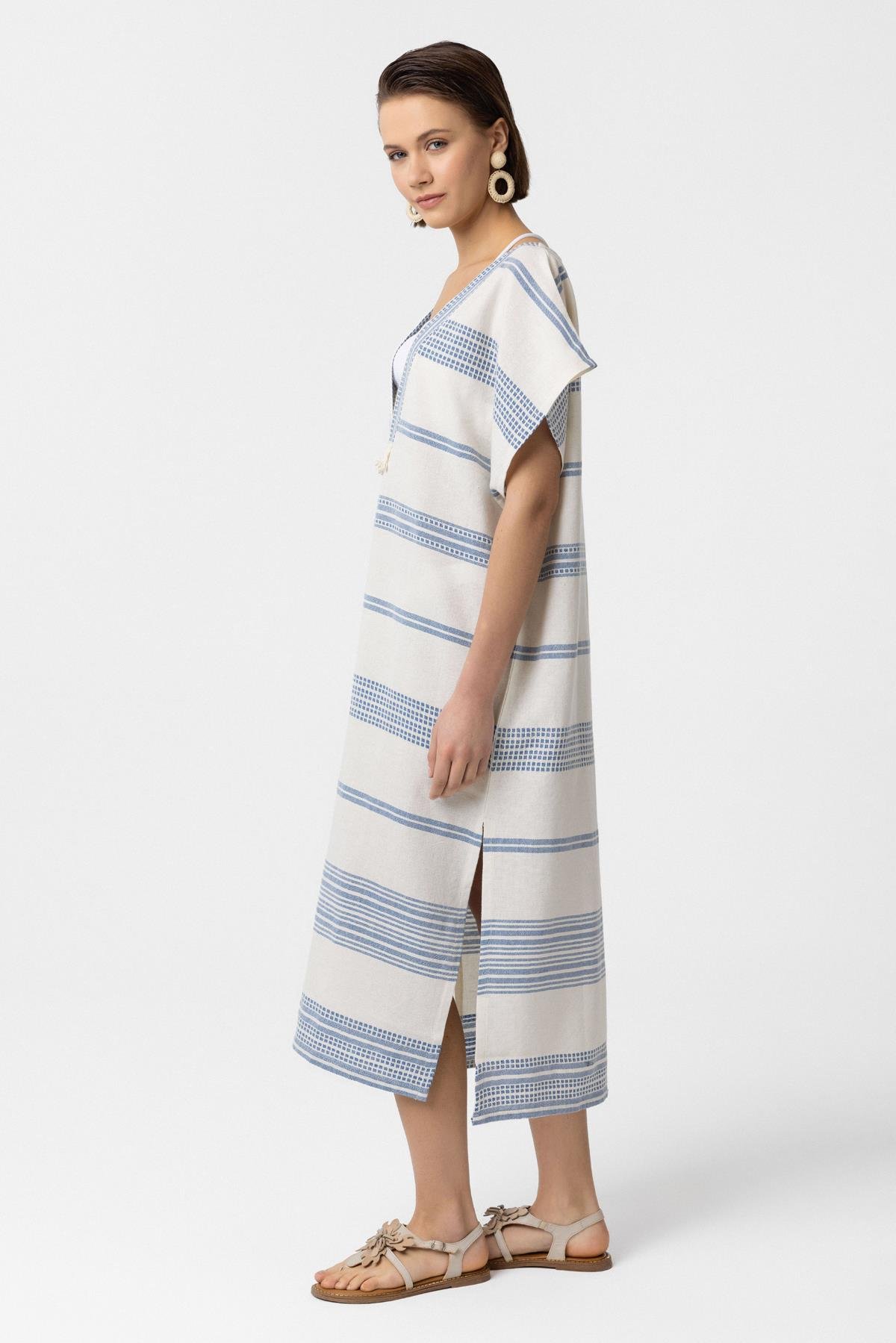 Beyaz Mavi Şile Bezi Püskül Detaylı Kısa Kollu V yaka Yazlık Astarsız Plaj Pamuklu Elbise