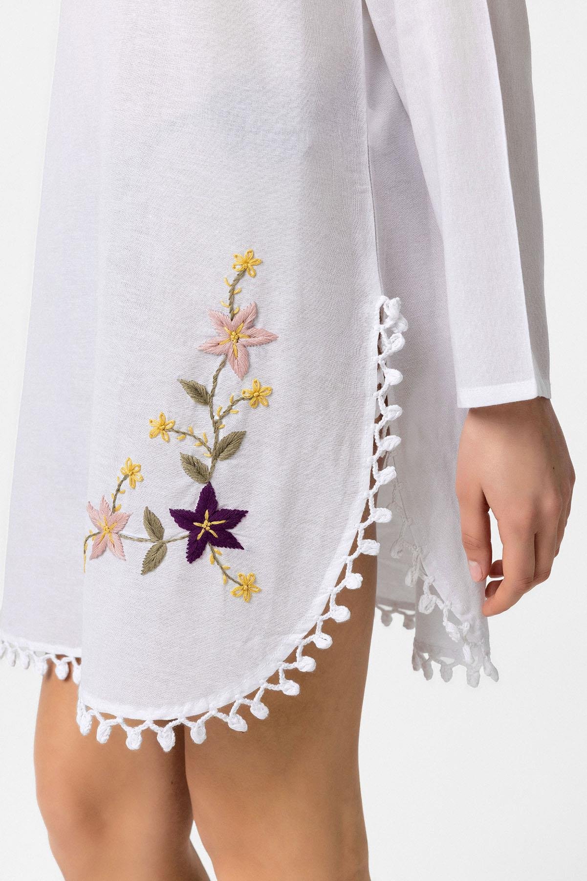 Beyaz Nakış İşlemeli Uzun Kollu Pamuklu Bluz Elbise