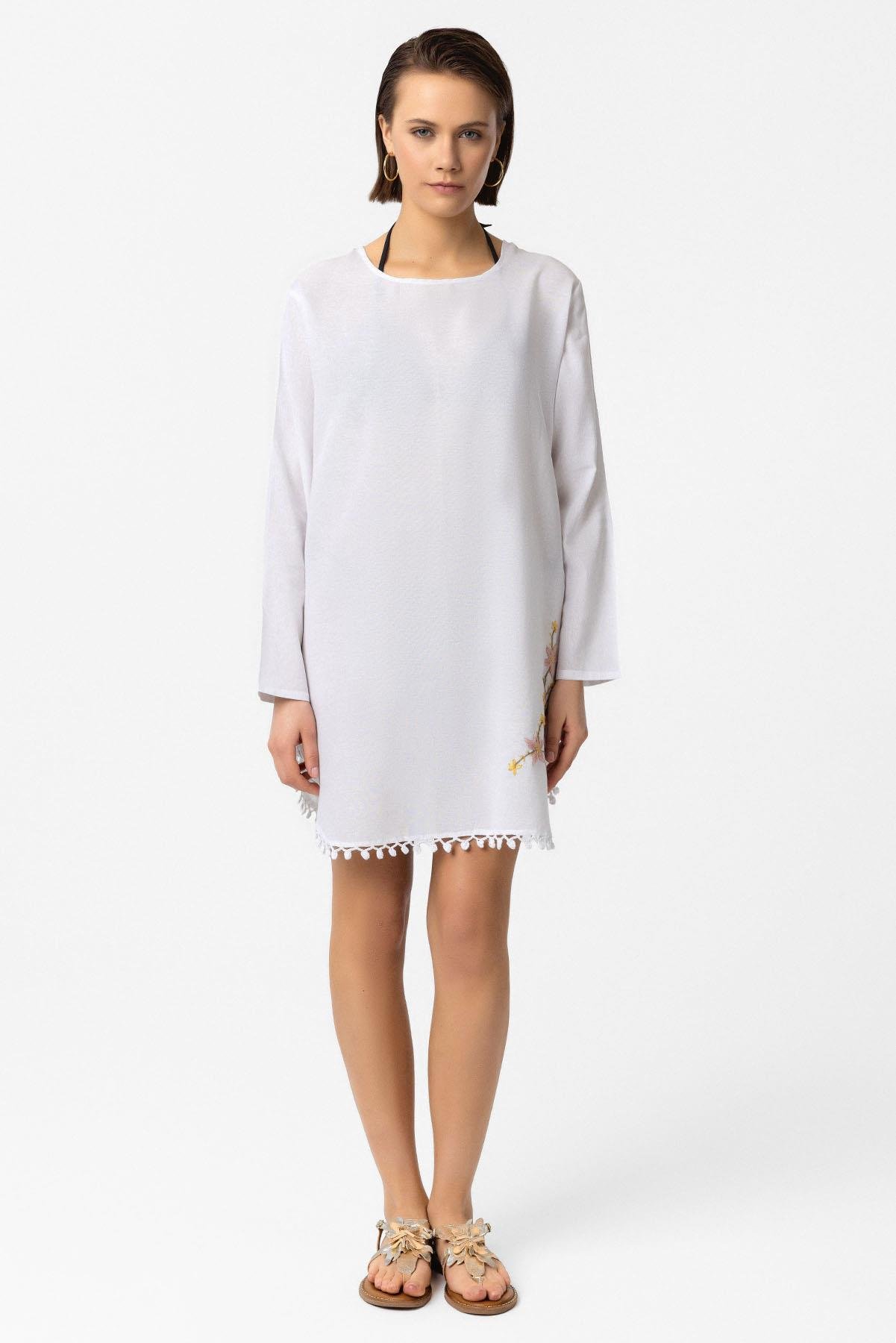 Beyaz Nakış İşlemeli Uzun Kollu Pamuklu Bluz Elbise
