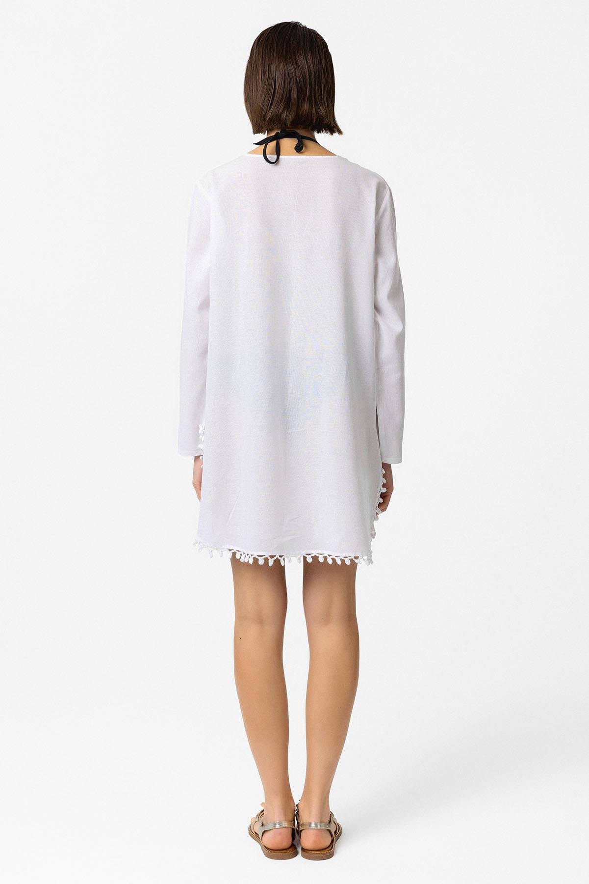 Beyaz Nakış İşlemeli Uzun Kollu Pamuklu Bluz Elbise
