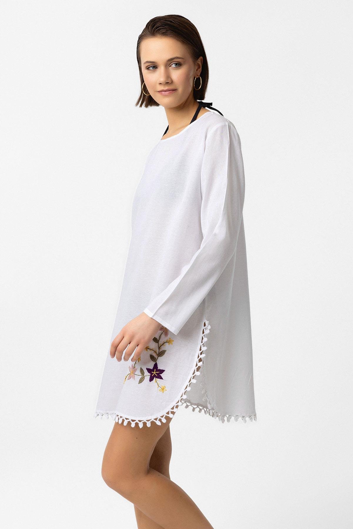 Beyaz Nakış İşlemeli Uzun Kollu Pamuklu Bluz Elbise